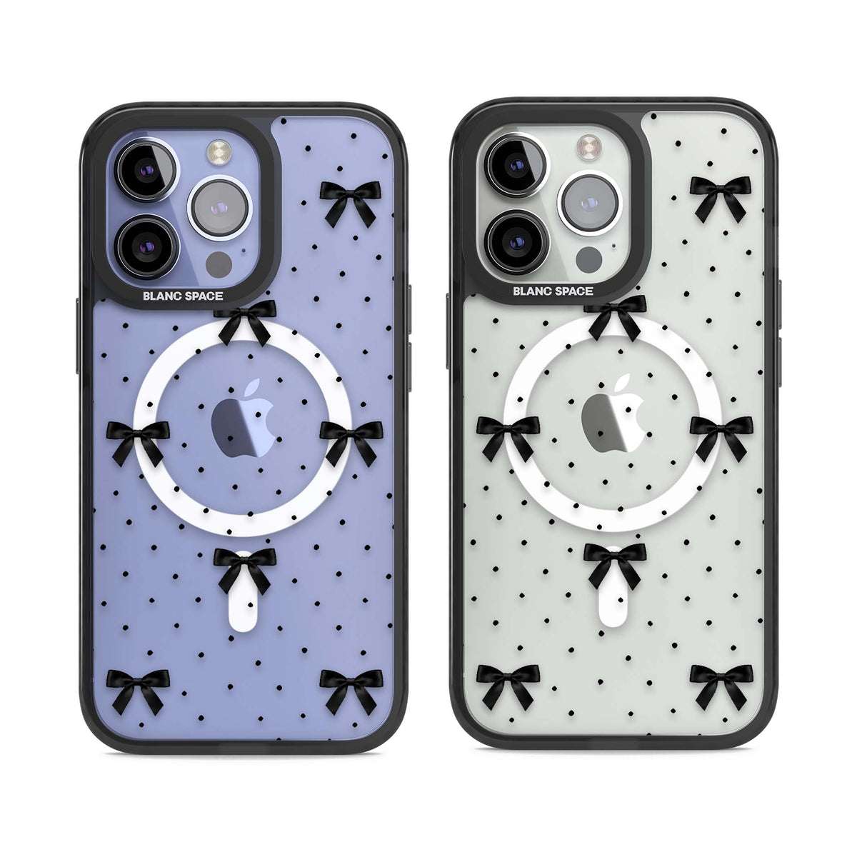 Black Polka Bows coquette iPhone case featuring scattered black satin bows and tiny polka dots on a clear base | Black Impact Magsafe case for iPhone 13 Pro, iPhone 14 Pro, iPhone 15 Pro
