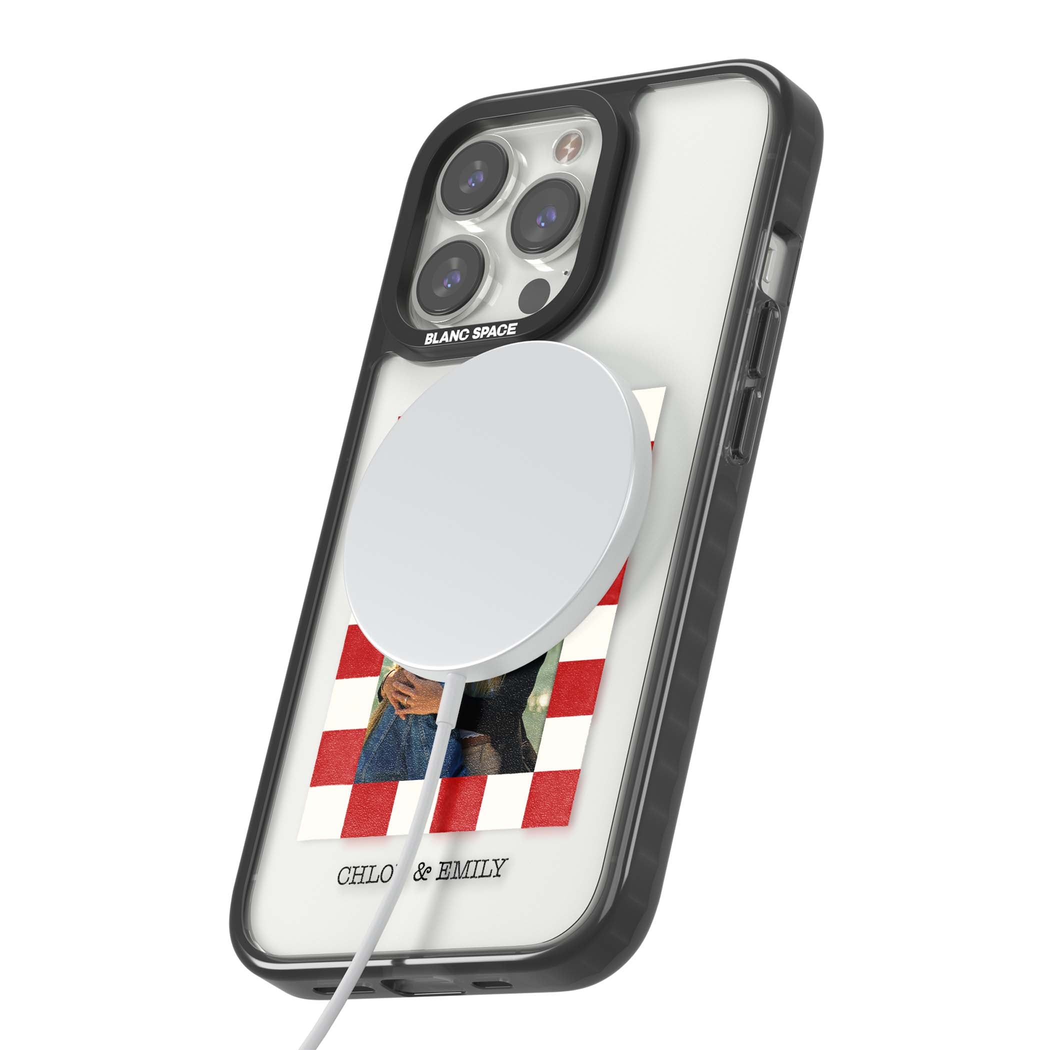 Red Check Photo personalised photo iPhone case with red and white checkered polaroid frame and custom couple name | Black Impact Magsafe case for iPhone 13 Pro, iPhone 14 Pro, iPhone 15 Pro