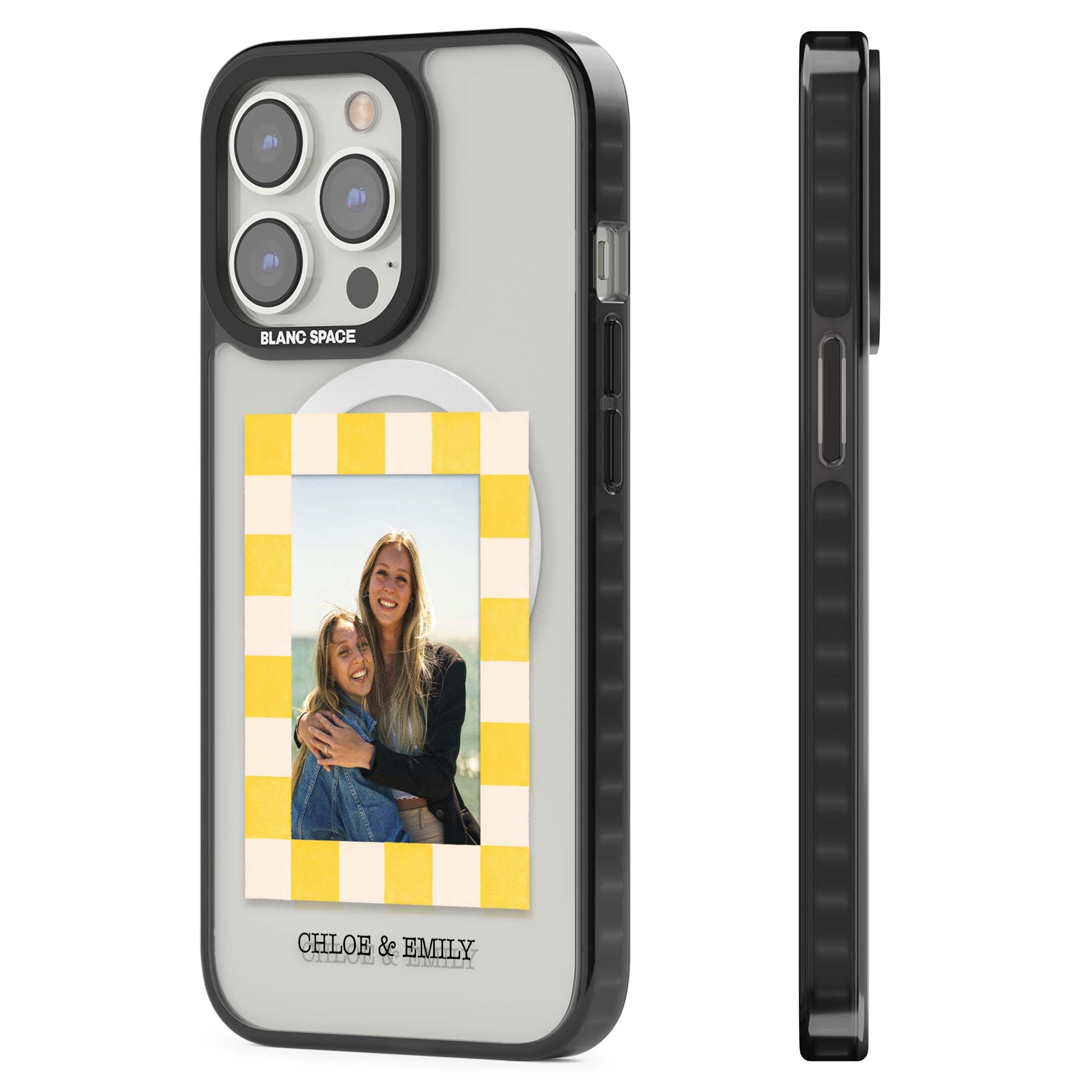 Yellow Check Photo personalised iPhone case with yellow checkered Polaroid frame and custom names beneath | Black Impact Magsafe case for iPhone 13 Pro, iPhone 14 Pro, iPhone 15 Pro