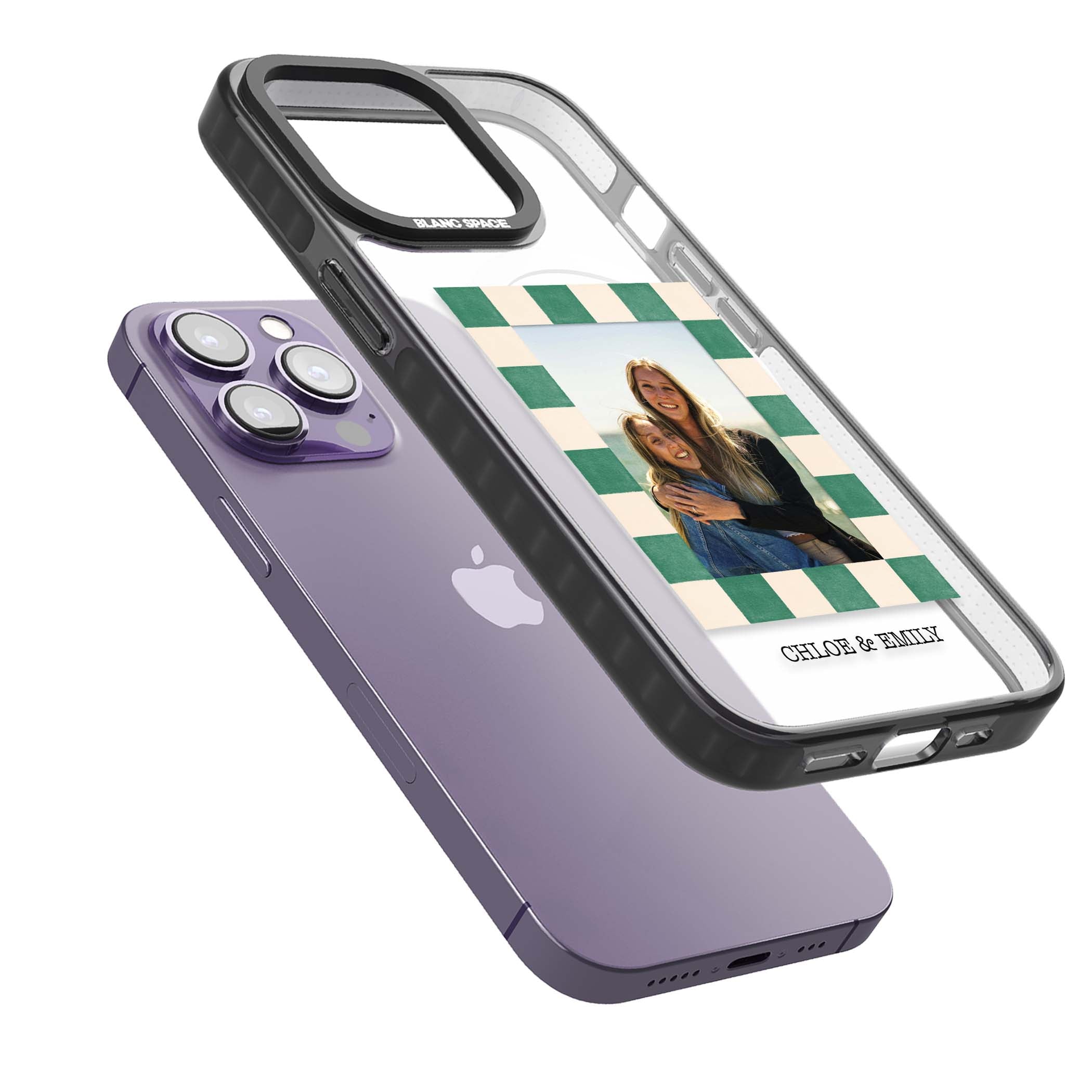 Seafoam Check Photo personalised iPhone case featuring a custom polaroid photo, green and cream checkered frame, and custom n | Black Impact Magsafe case for iPhone 13 Pro, iPhone 14 Pro, iPhone 15 Pro