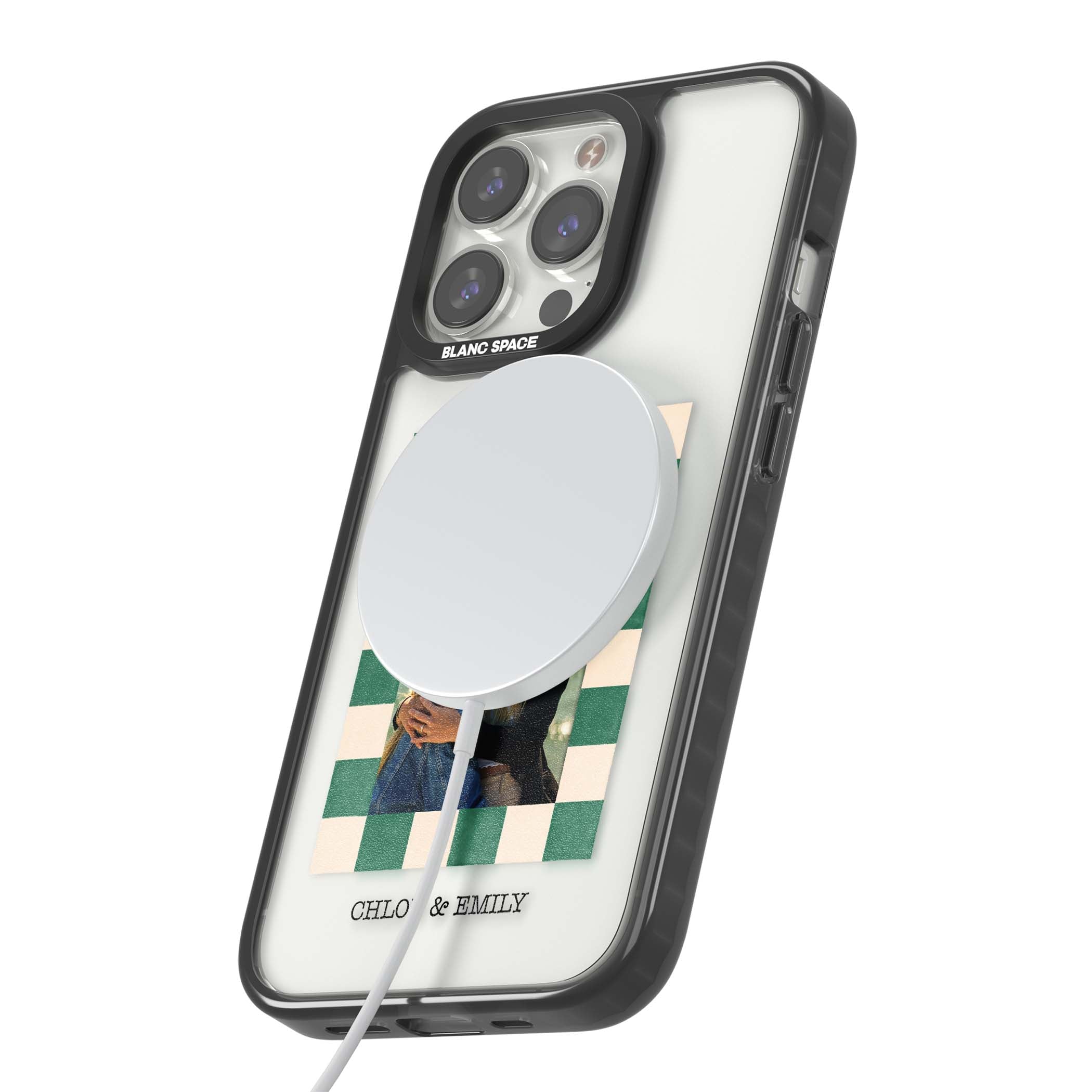 Seafoam Check Photo personalised iPhone case featuring a custom polaroid photo, green and cream checkered frame, and custom n | Black Impact Magsafe case for iPhone 13 Pro, iPhone 14 Pro, iPhone 15 Pro