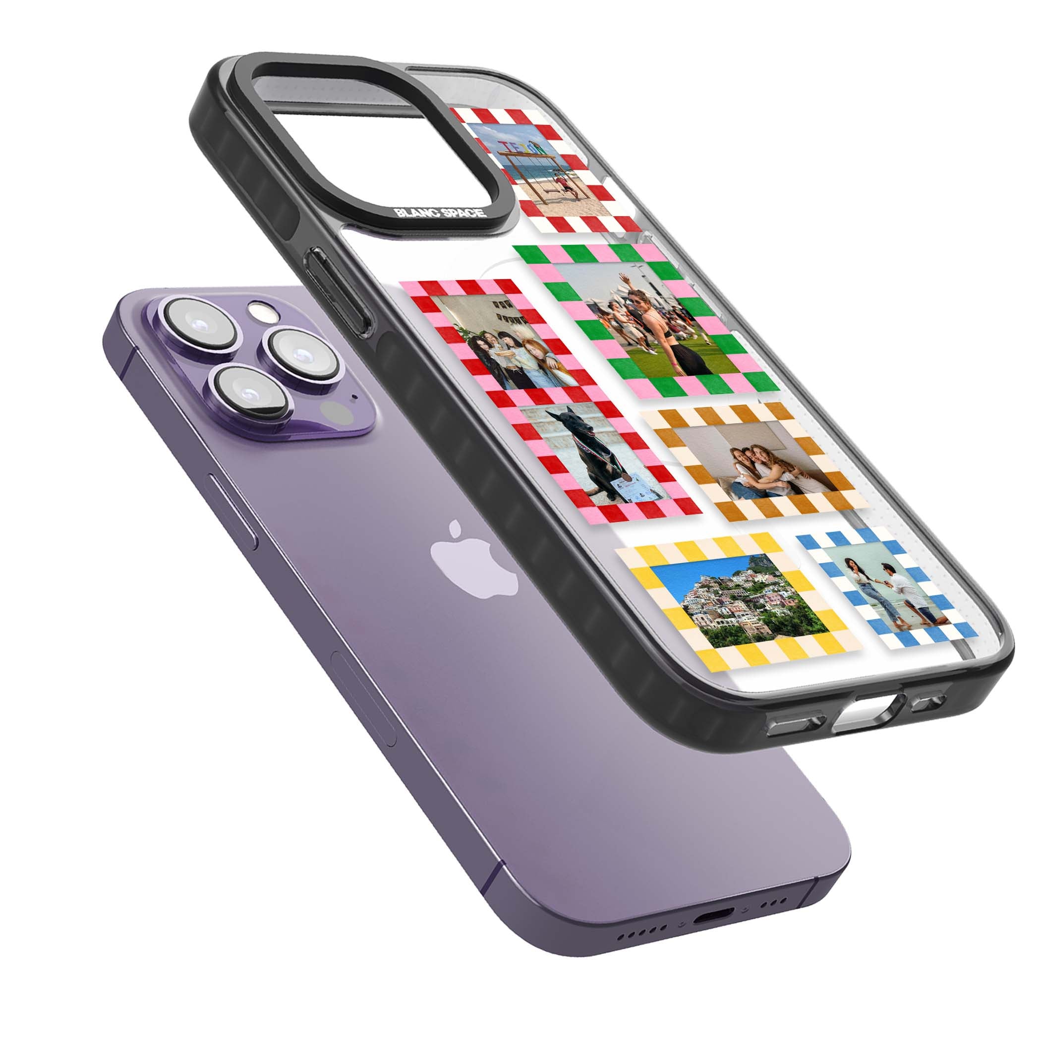 Italian Check Frames custom photo collage iPhone case featuring six checkered photo frames in red, green, pink and | Black Impact Magsafe case for iPhone 13 Pro, iPhone 14 Pro, iPhone 15 Pro