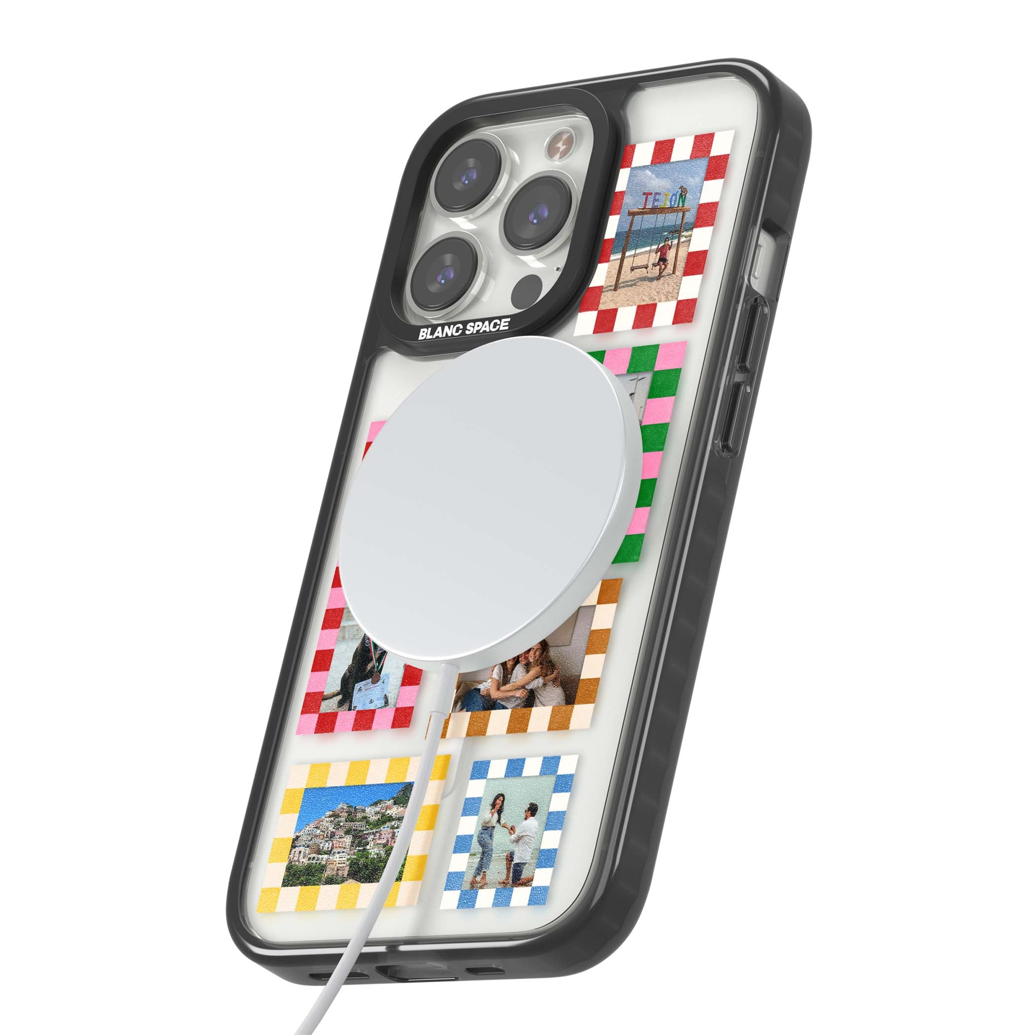 Italian Check Frames custom photo collage iPhone case featuring six checkered photo frames in red, green, pink and | Black Impact Magsafe case for iPhone 13 Pro, iPhone 14 Pro, iPhone 15 Pro