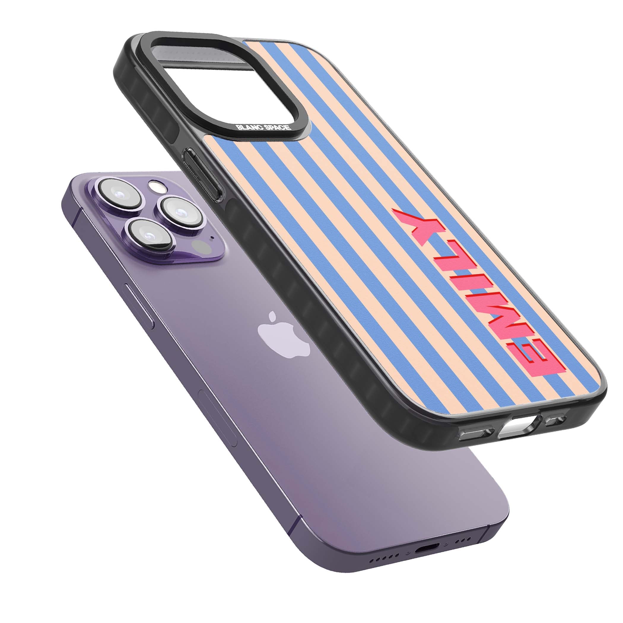 Coastal Stripe personalised coastal iPhone case with blue and peach vertical stripes and custom pink name | Black Impact Magsafe case for iPhone 13 Pro, iPhone 14 Pro, iPhone 15 Pro
