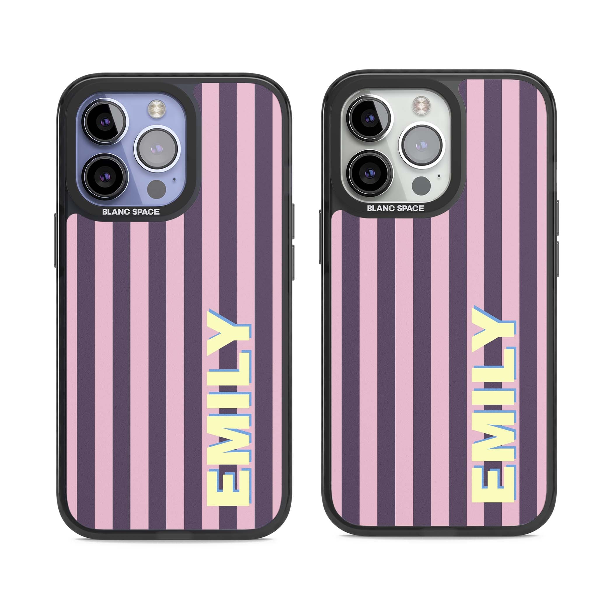 Tyre Stripe personalised stripe iPhone case with plum and pink vertical stripes and custom yellow name | Black Impact Magsafe case for iPhone 13 Pro, iPhone 14 Pro, iPhone 15 Pro