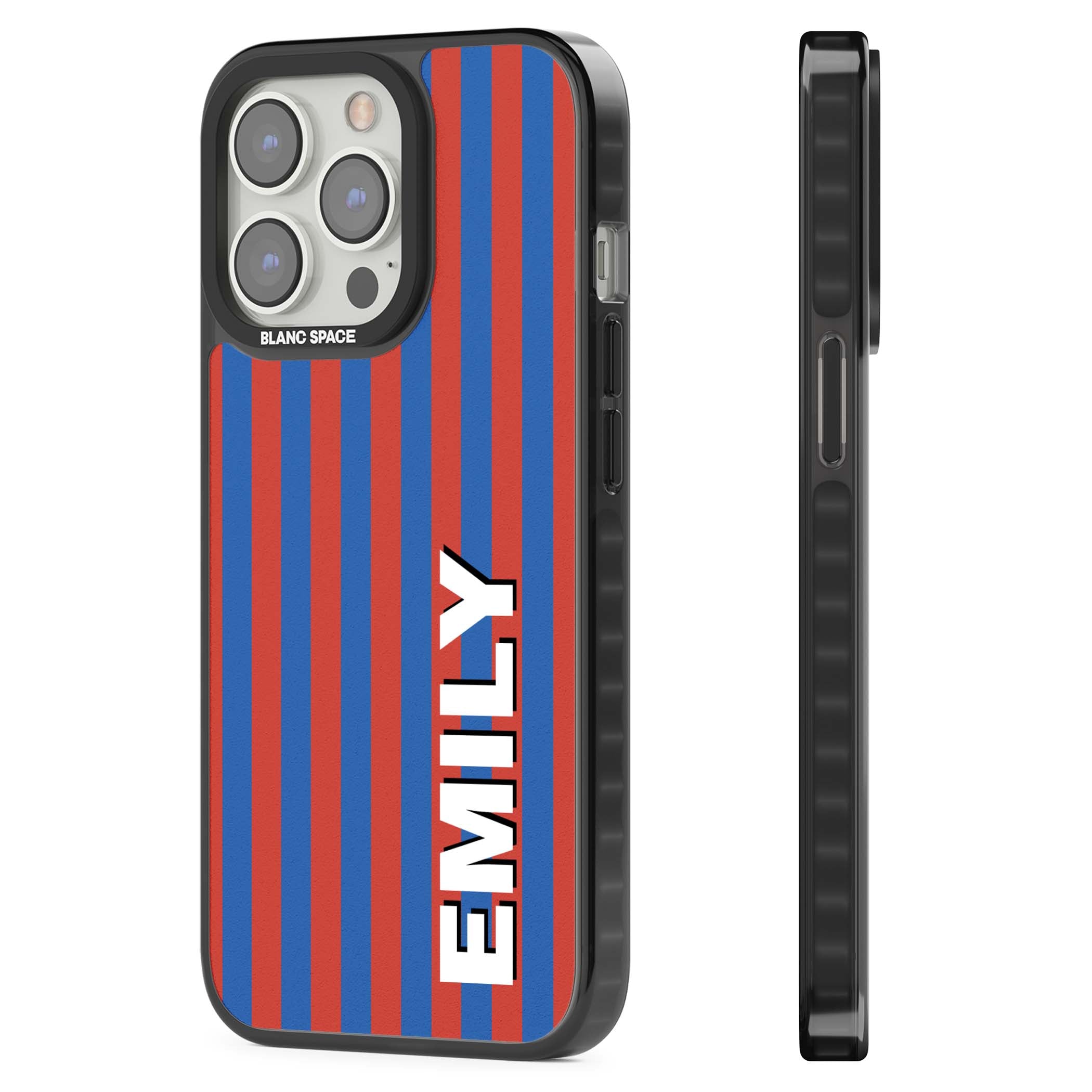 Cuban Stripe personalised iPhone case featuring red and blue vertical stripes with custom name in bold white letters | Black Impact Magsafe case for iPhone 13 Pro, iPhone 14 Pro, iPhone 15 Pro