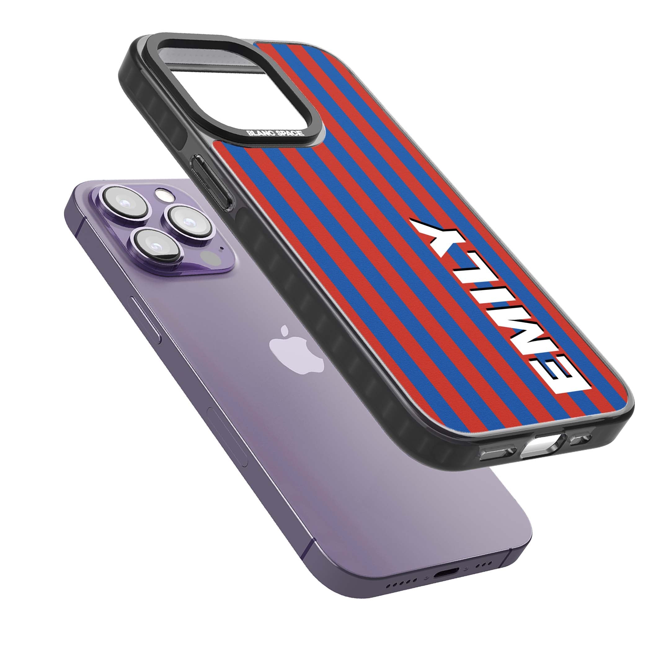 Cuban Stripe personalised iPhone case featuring red and blue vertical stripes with custom name in bold white letters | Black Impact Magsafe case for iPhone 13 Pro, iPhone 14 Pro, iPhone 15 Pro