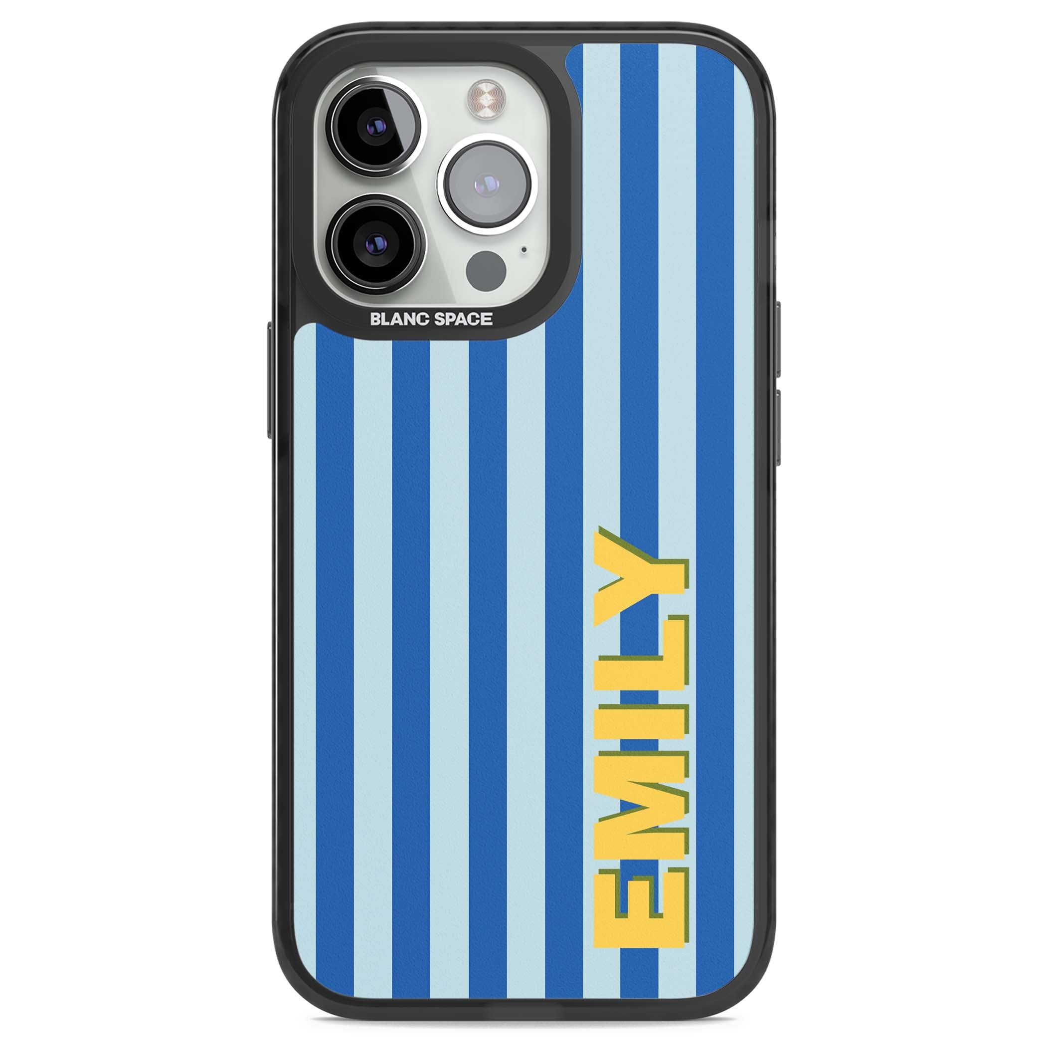 Athenian Stripe personalised preppy iPhone case featuring blue vertical stripes and a custom yellow name | Black Impact Magsafe case for iPhone 13 Pro, iPhone 14 Pro, iPhone 15 Pro