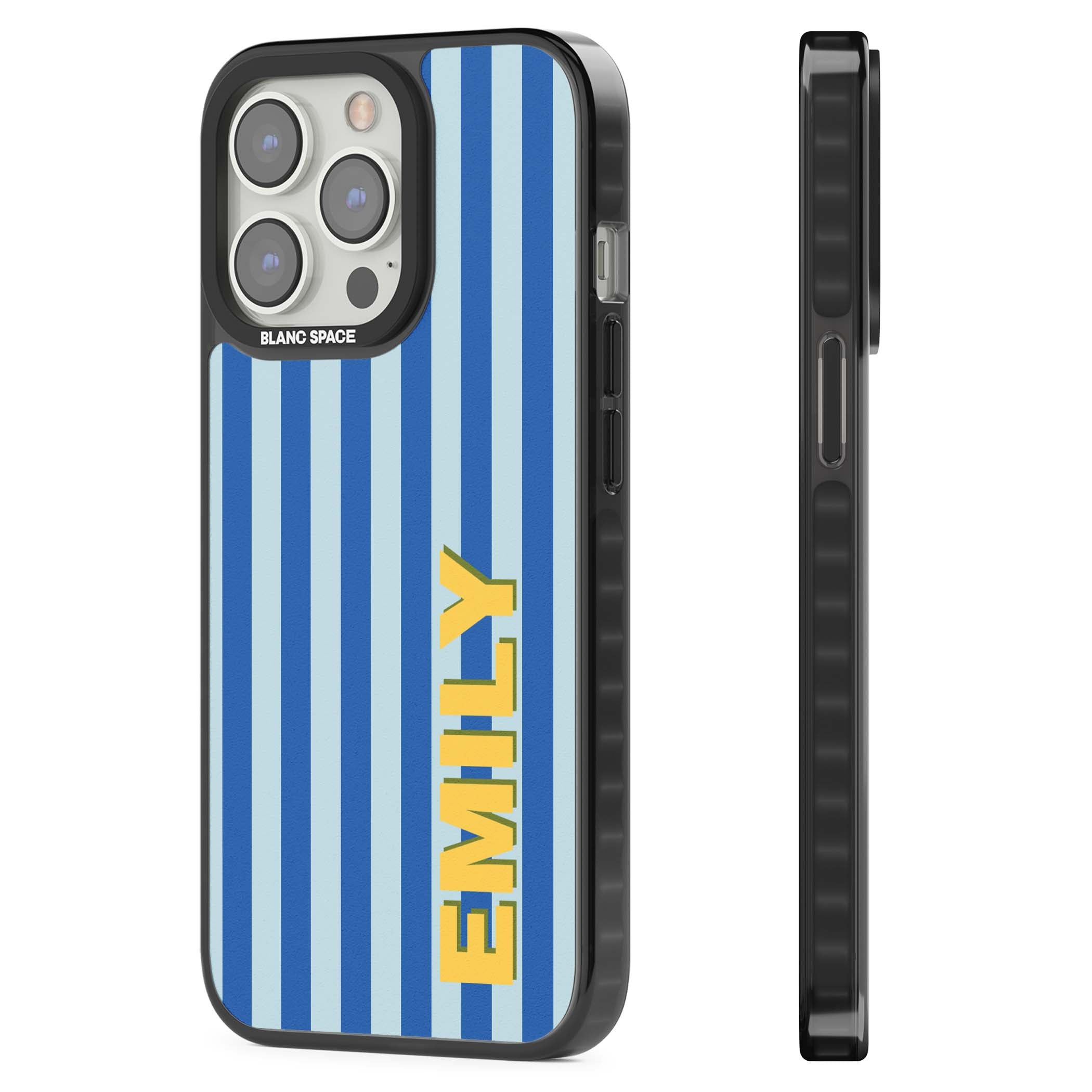 Athenian Stripe personalised preppy iPhone case featuring blue vertical stripes and a custom yellow name | Black Impact Magsafe case for iPhone 13 Pro, iPhone 14 Pro, iPhone 15 Pro