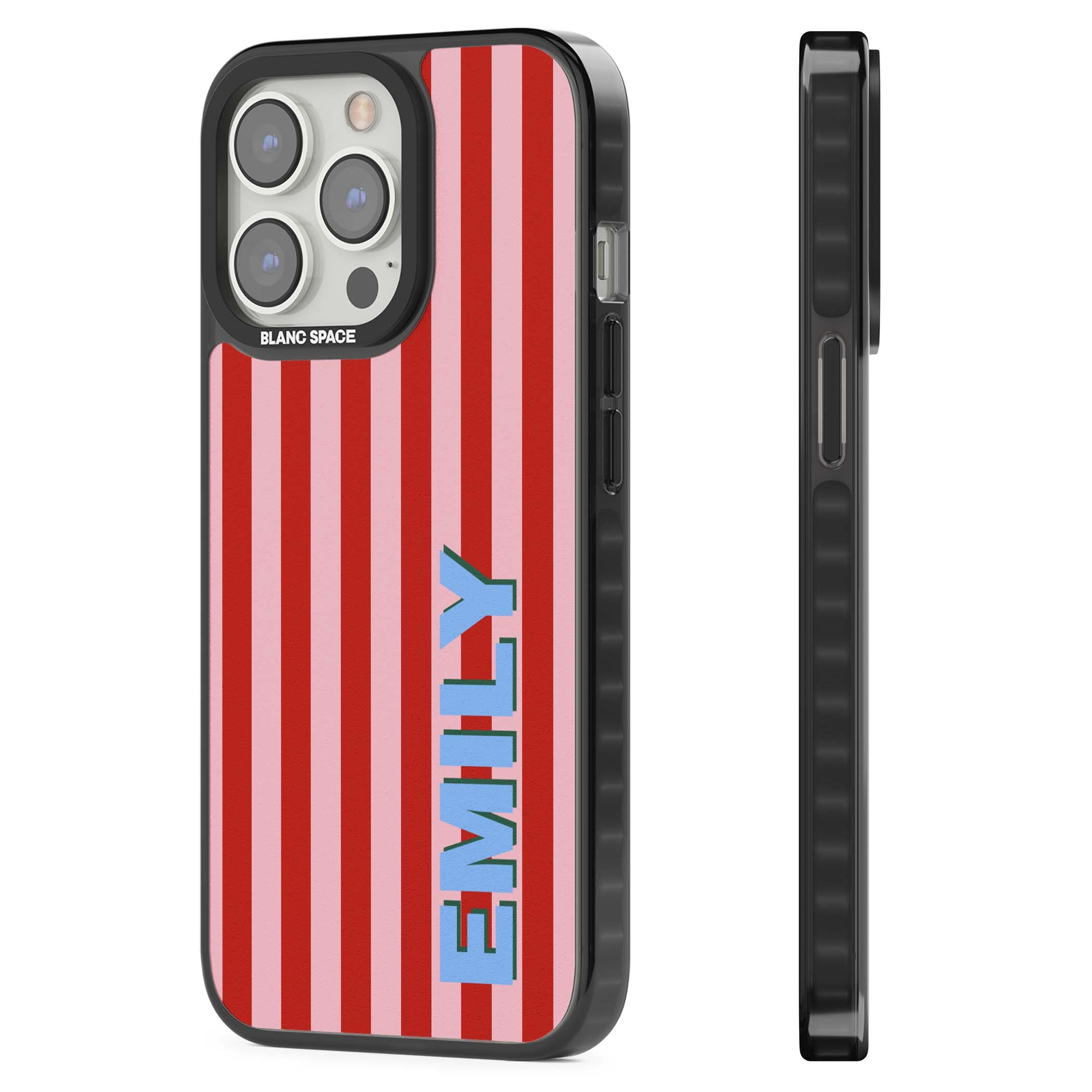 Market Stripe personalised iPhone case with red and pink vertical stripes and custom blue name | Black Impact Magsafe case for iPhone 13 Pro, iPhone 14 Pro, iPhone 15 Pro