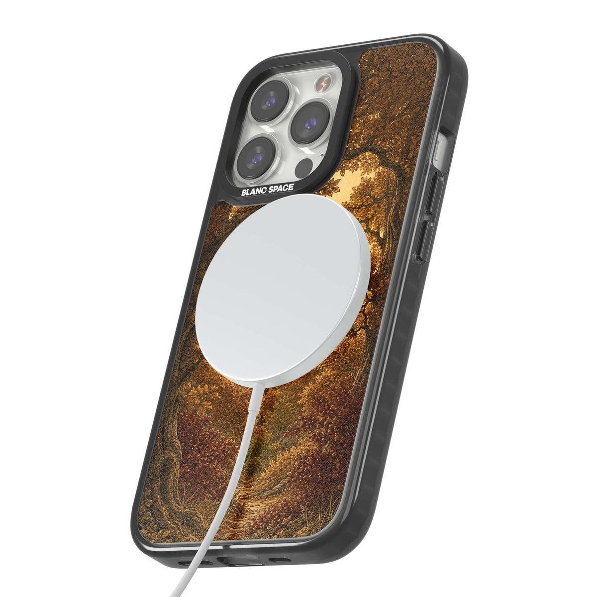 Autumn Keep cottagecore iPhone case featuring a medieval castle tower framed by golden autumn trees and woodland foliage | Black Impact Magsafe case for iPhone 13 Pro, iPhone 14 Pro, iPhone 15 Pro
