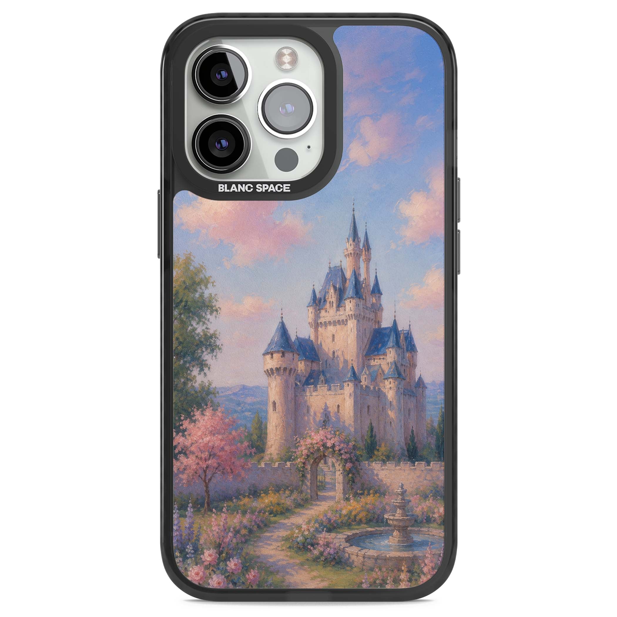 Enchanted Kingdom fairytale iPhone case featuring a romantic castle painting with cherry blossoms and pastel pink sky | Black Impact Magsafe case for iPhone 13 Pro, iPhone 14 Pro, iPhone 15 Pro