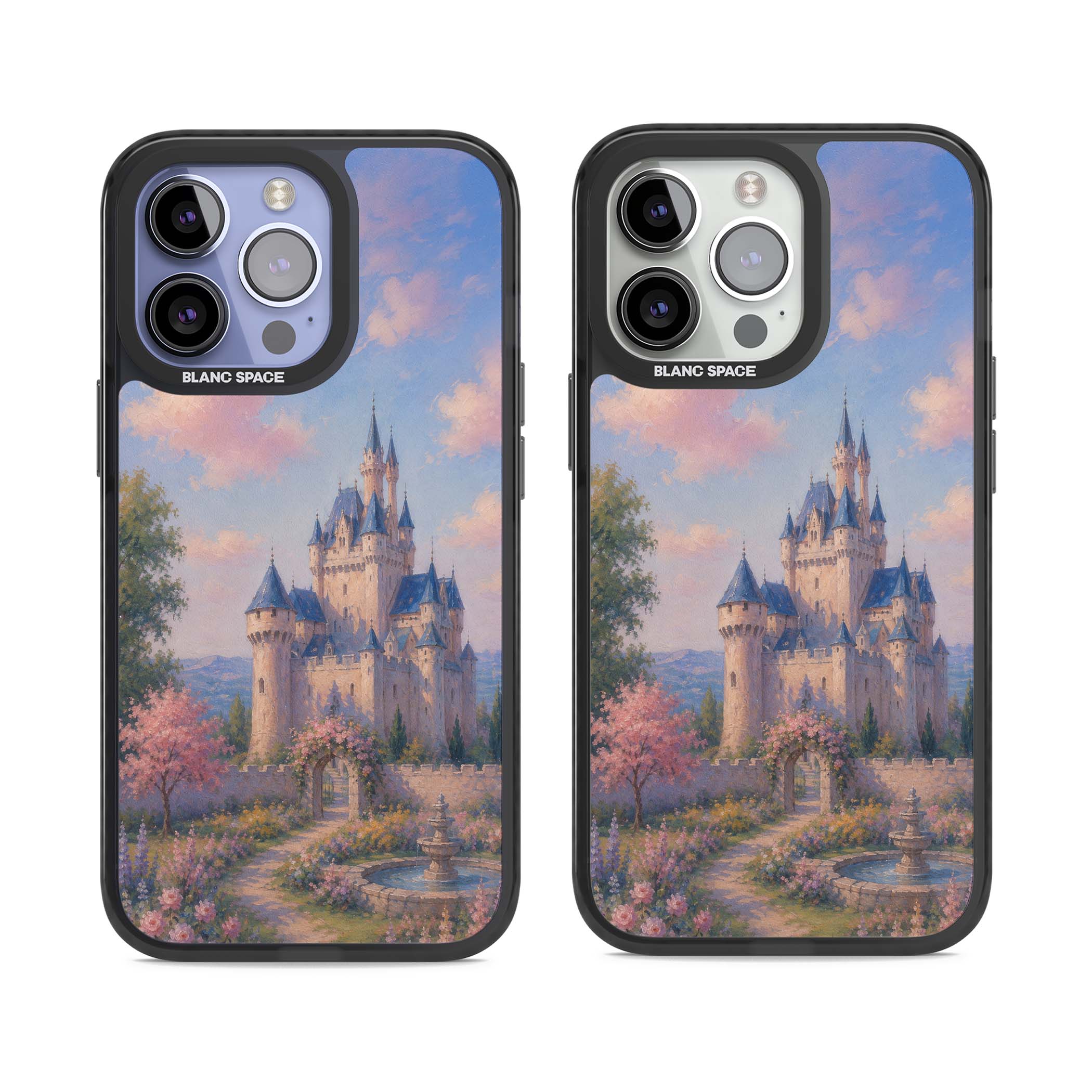 Enchanted Kingdom fairytale iPhone case featuring a romantic castle painting with cherry blossoms and pastel pink sky | Black Impact Magsafe case for iPhone 13 Pro, iPhone 14 Pro, iPhone 15 Pro