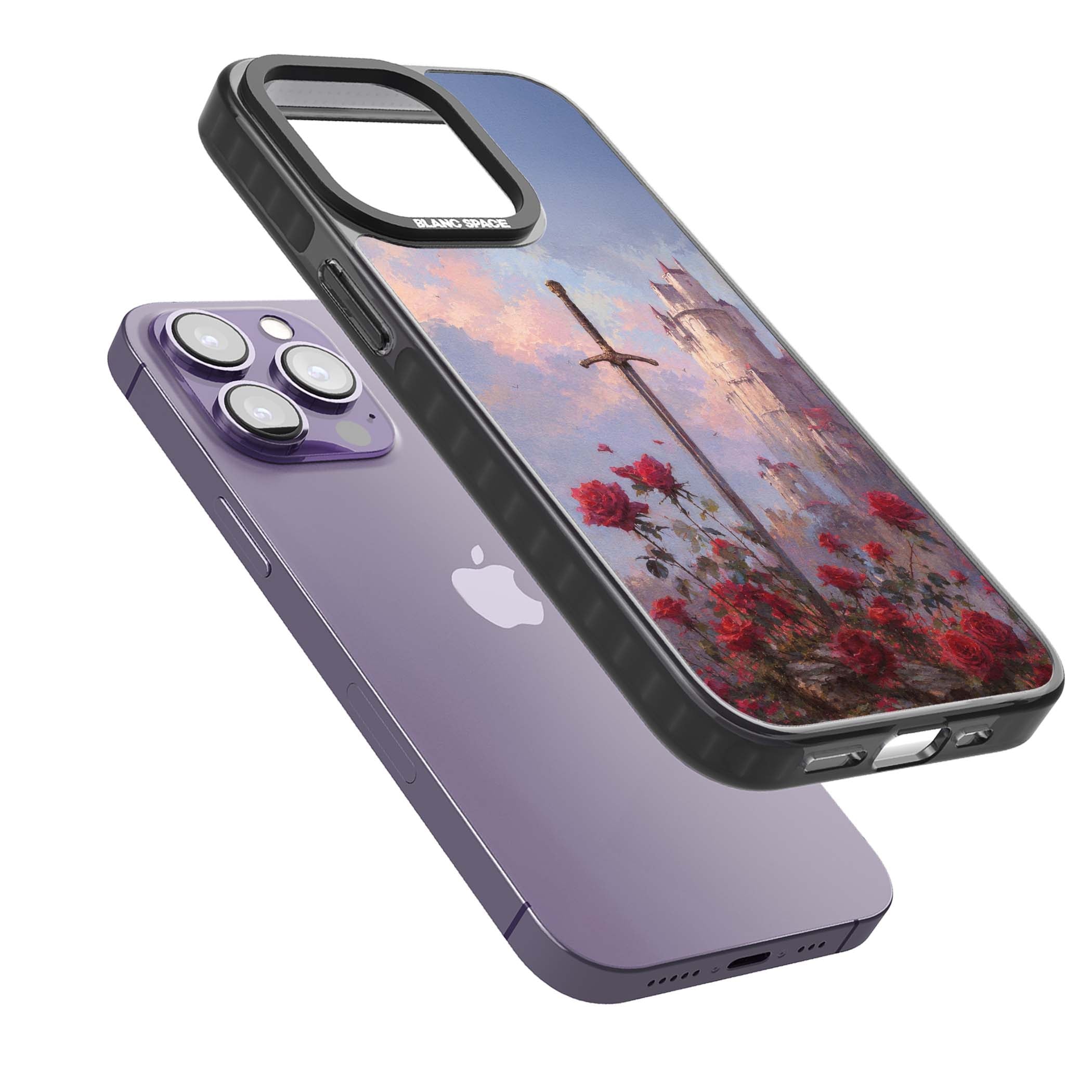 Sword in Roses medieval art iPhone case featuring a sword, red roses, and a misty fairytale castle at sunset | Black Impact Magsafe case for iPhone 13 Pro, iPhone 14 Pro, iPhone 15 Pro