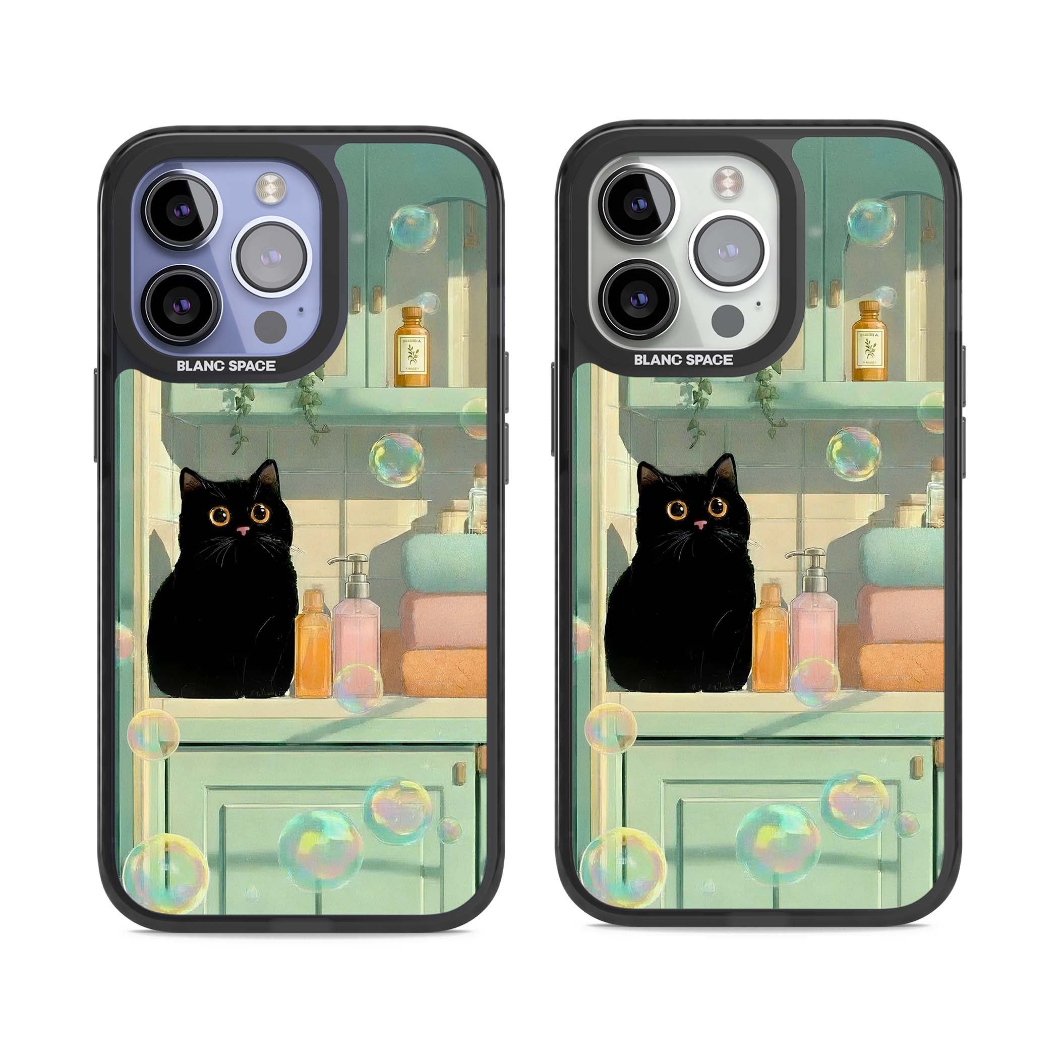 Bathroom Bubble Kitty cottagecore iPhone case featuring a black cat, mint bathroom scene and floating soap bubbles | Black Impact Magsafe case for iPhone 13 Pro, iPhone 14 Pro, iPhone 15 Pro