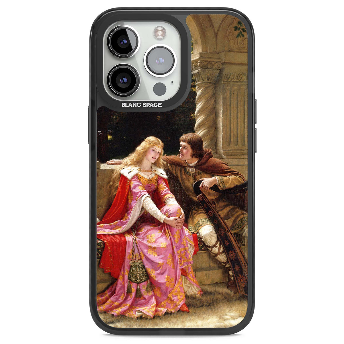 The End of the Song classic art iPhone case featuring a medieval lady in pink gown and her knight in a stone archway | Black Impact Magsafe case for iPhone 13 Pro, iPhone 14 Pro, iPhone 15 Pro