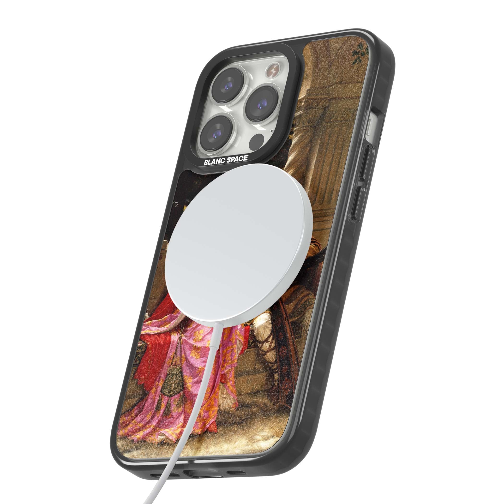 The End of the Song classic art iPhone case featuring a medieval lady in pink gown and her knight in a stone archway | Black Impact Magsafe case for iPhone 13 Pro, iPhone 14 Pro, iPhone 15 Pro