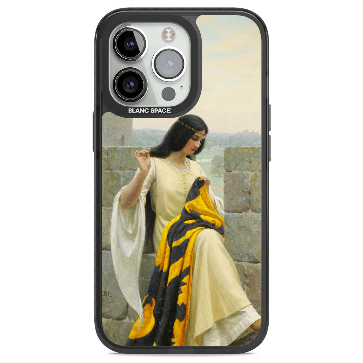Stitching the Standard renaissance art iPhone case featuring a medieval lady sewing a golden banner on a castle wall | Black Impact Magsafe case for iPhone 13 Pro, iPhone 14 Pro, iPhone 15 Pro