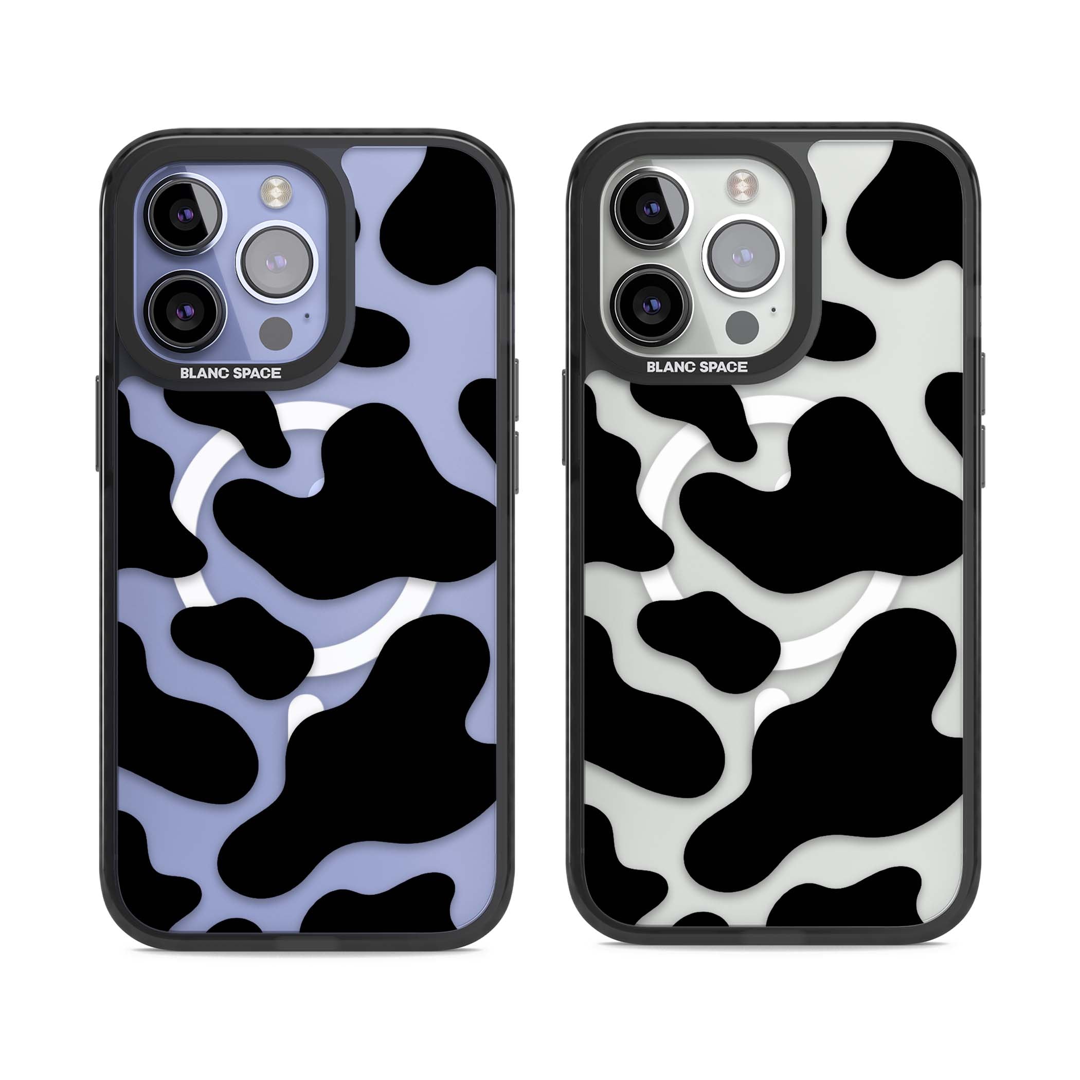 Clear Cow Print cow print iPhone case featuring black and white cow pattern splotches on a clear background | Black Impact Magsafe case for iPhone 13 Pro, iPhone 14 Pro, iPhone 15 Pro