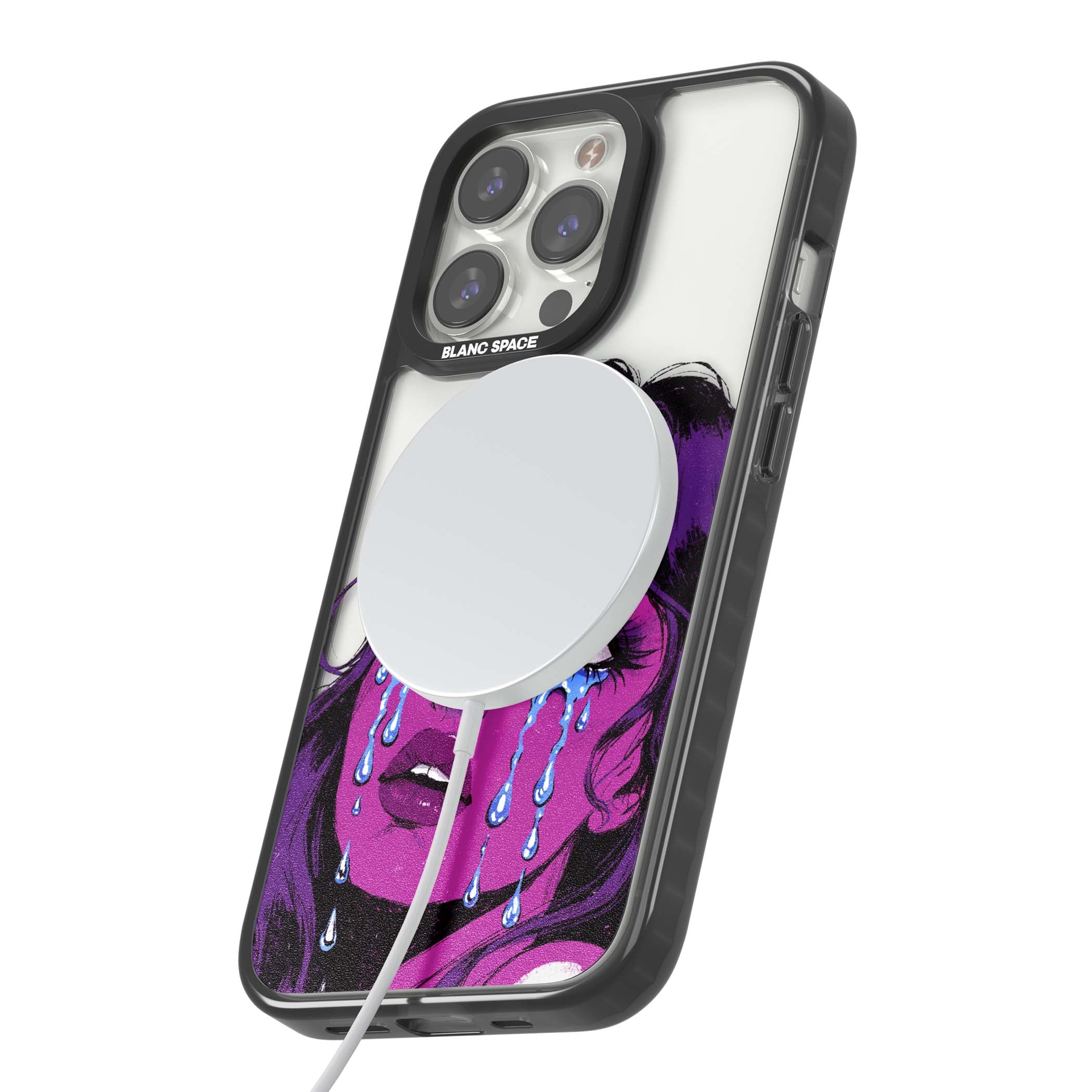 Drama Queen pop art iPhone case featuring a purple crying comic girl with blue tears | Black Impact Magsafe case for iPhone 13 Pro, iPhone 14 Pro, iPhone 15 Pro