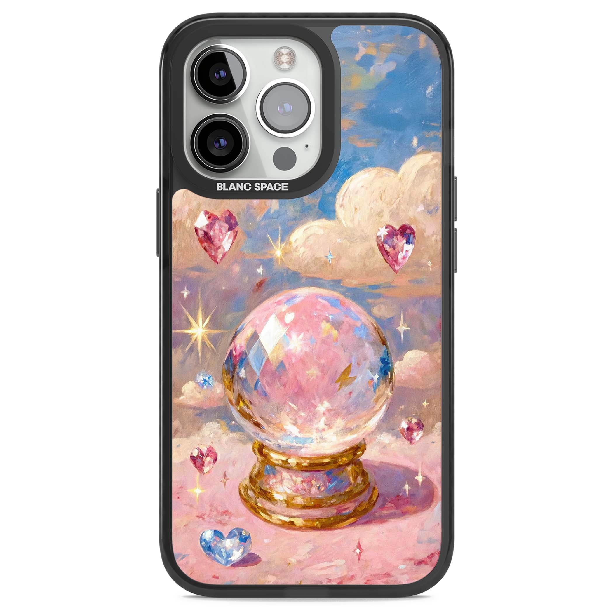 Crystal Ball fairycore iPhone case featuring a painted crystal ball, heart gemstones, and pastel clouds | Black Impact Magsafe case for iPhone 13 Pro, iPhone 14 Pro, iPhone 15 Pro