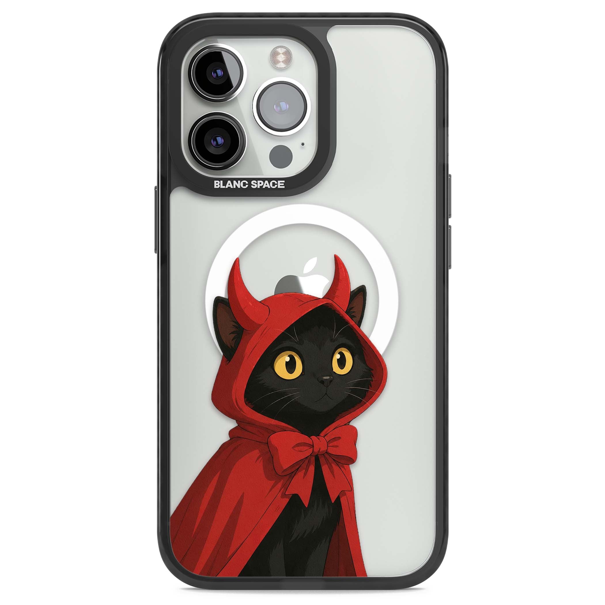 Little Devil halloween iPhone case featuring a black cat in a red hooded devil cloak with horns and golden eyes | Black Impact Magsafe case for iPhone 13 Pro, iPhone 14 Pro, iPhone 15 Pro