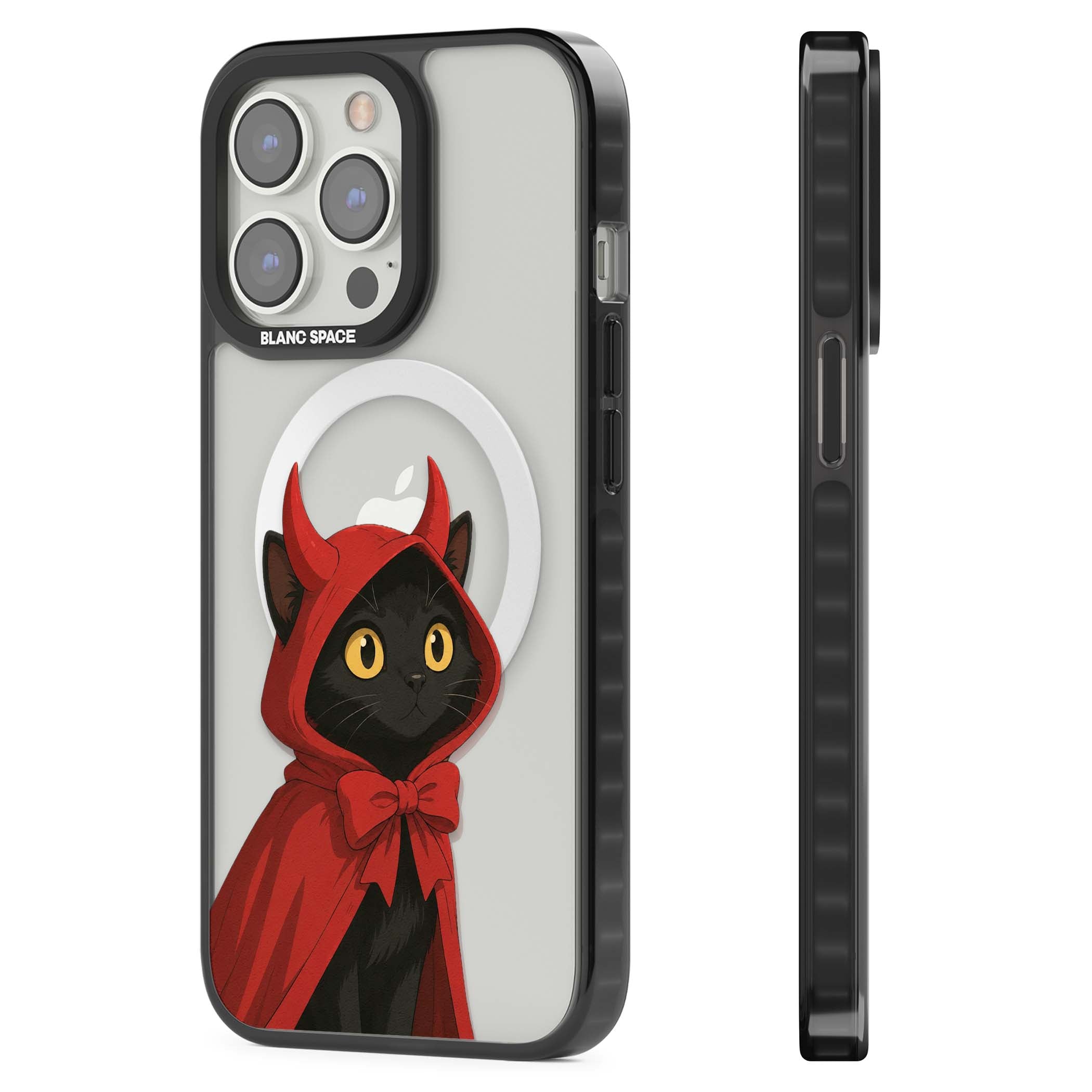 Little Devil halloween iPhone case featuring a black cat in a red hooded devil cloak with horns and golden eyes | Black Impact Magsafe case for iPhone 13 Pro, iPhone 14 Pro, iPhone 15 Pro