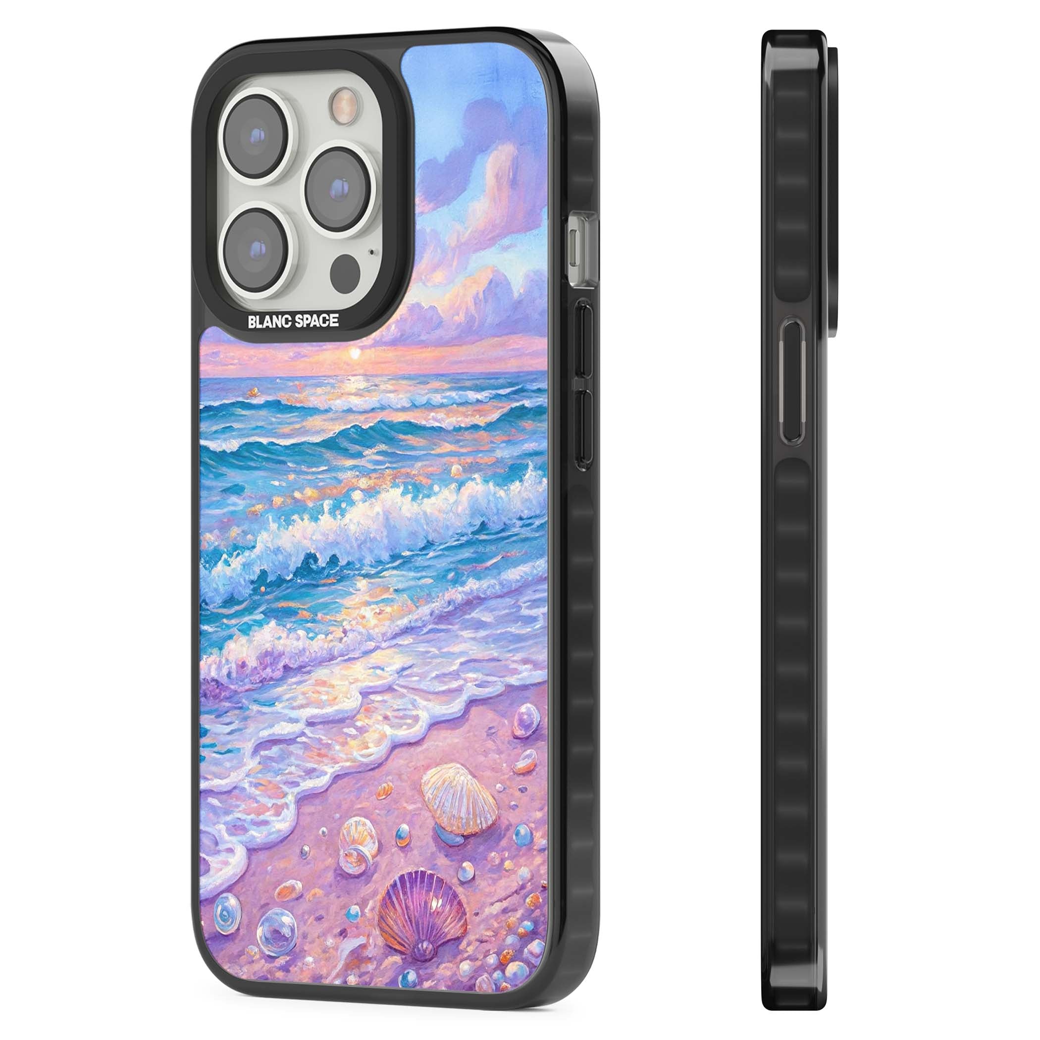 Pearl Shore coastal iPhone case featuring pastel painted waves, seashells, and a sunrise sky over a lavender beach. | Black Impact Magsafe case for iPhone 13 Pro, iPhone 14 Pro, iPhone 15 Pro