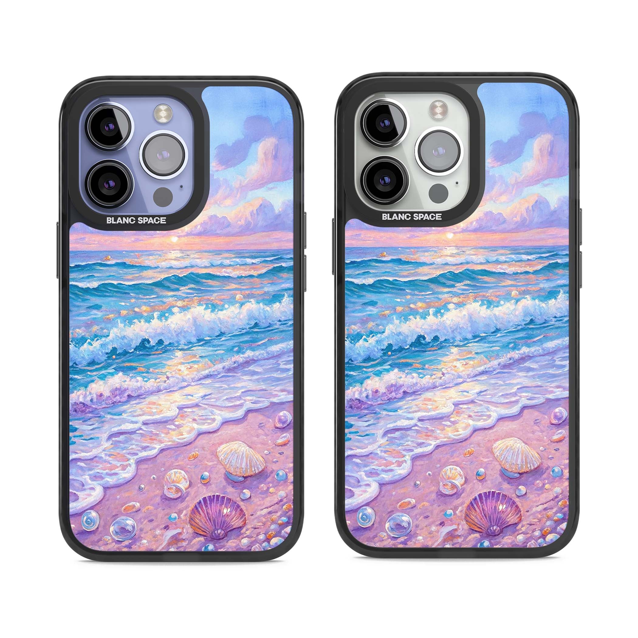 Pearl Shore coastal iPhone case featuring pastel painted waves, seashells, and a sunrise sky over a lavender beach. | Black Impact Magsafe case for iPhone 13 Pro, iPhone 14 Pro, iPhone 15 Pro