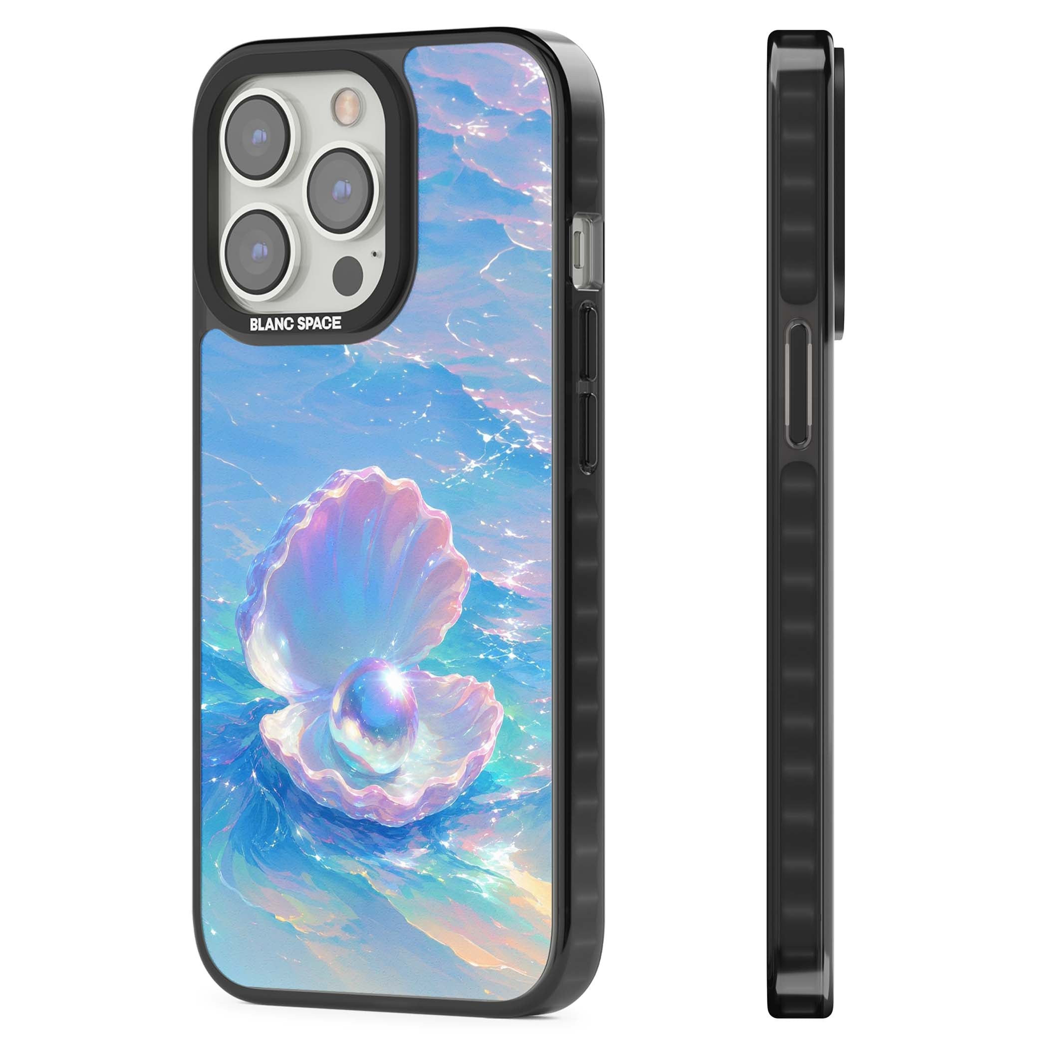 The Pearl Clam mermaidcore iPhone case featuring iridescent seashell, glowing pearl and pastel ocean waves | Black Impact Magsafe case for iPhone 13 Pro, iPhone 14 Pro, iPhone 15 Pro