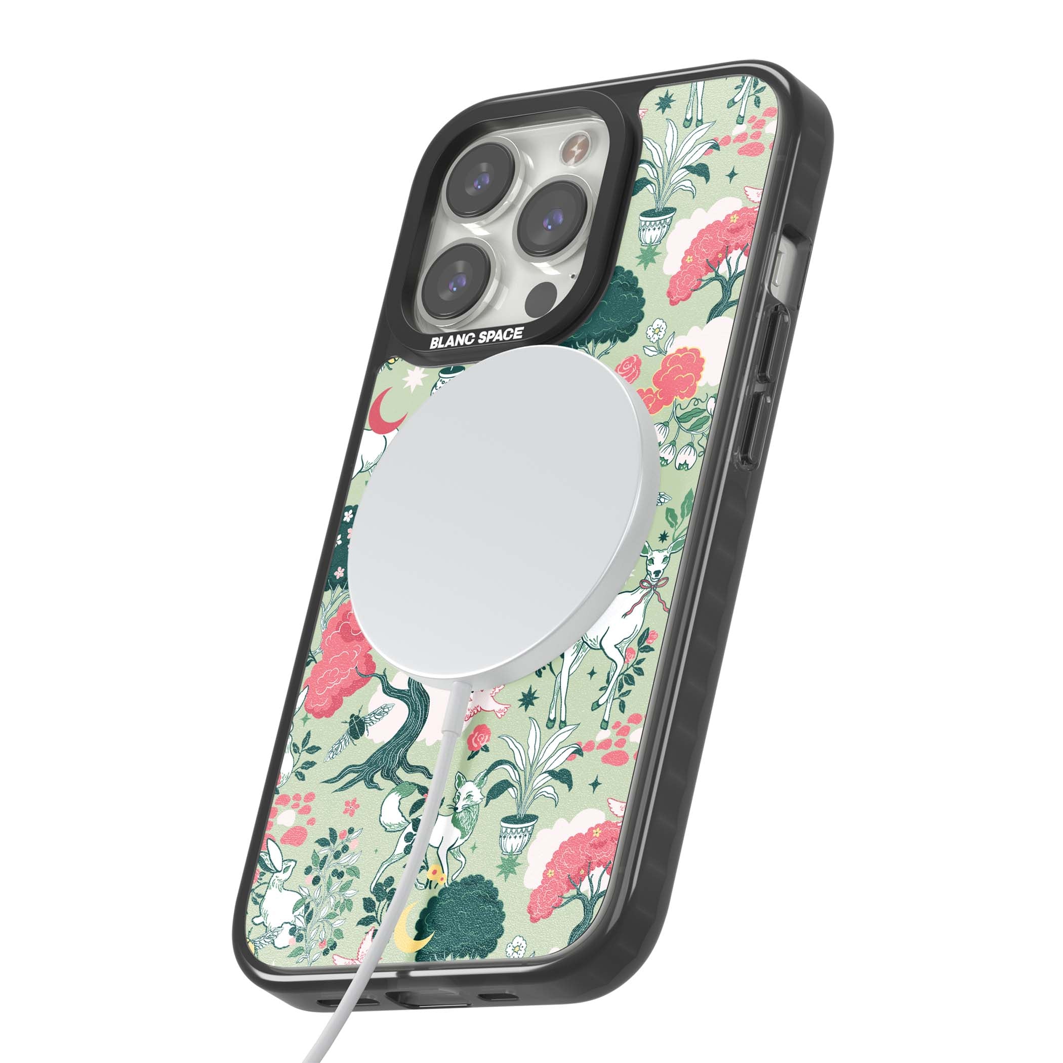 Enchanted Woodland cottagecore iPhone case featuring white deer, pink roses, mushrooms and woodland animals on sage green | Black Impact Magsafe case for iPhone 13 Pro, iPhone 14 Pro, iPhone 15 Pro