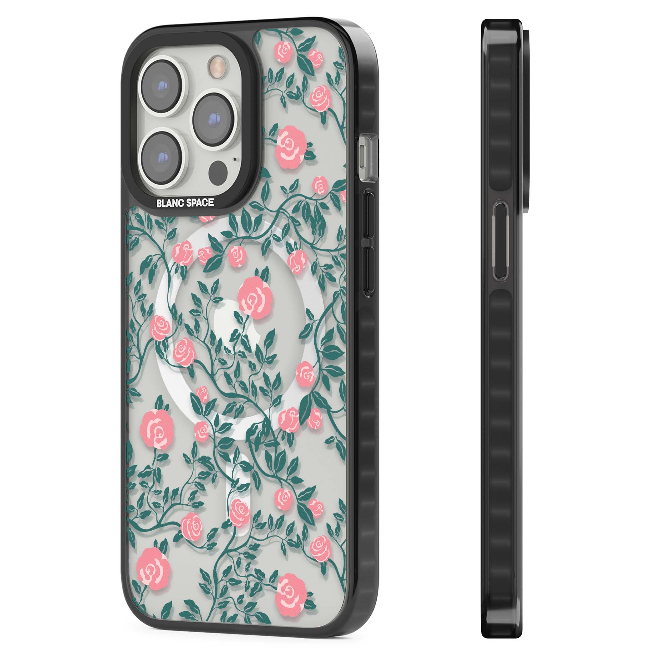Rose Trellis (Clear) cottagecore iPhone case featuring pink climbing roses and green leaves on clear background | Black Impact Magsafe case for iPhone 13 Pro, iPhone 14 Pro, iPhone 15 Pro