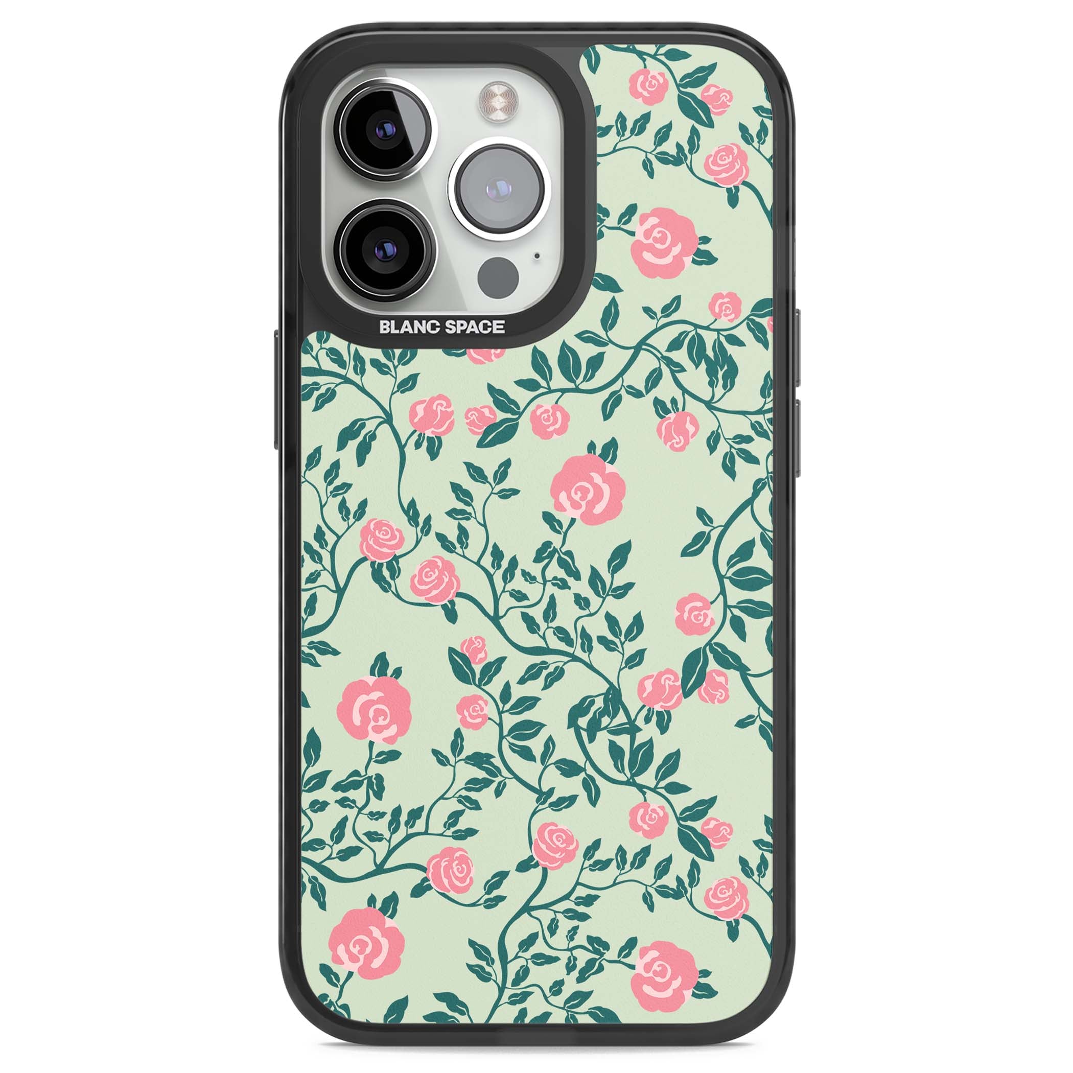 Rose Trellis cottagecore iPhone case featuring pink roses, sage green vines, and mint background | Black Impact Magsafe case for iPhone 13 Pro, iPhone 14 Pro, iPhone 15 Pro