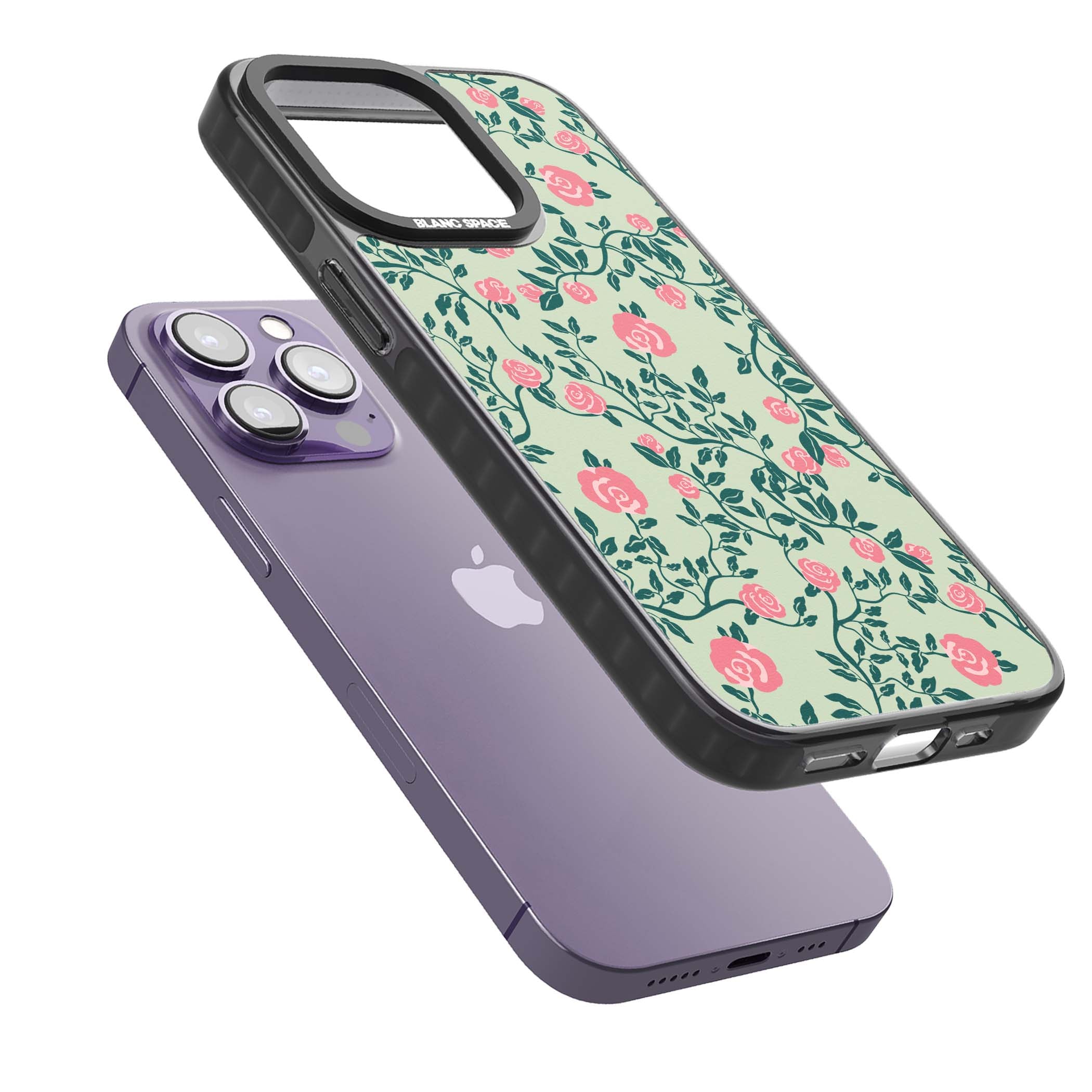 Rose Trellis cottagecore iPhone case featuring pink roses, sage green vines, and mint background | Black Impact Magsafe case for iPhone 13 Pro, iPhone 14 Pro, iPhone 15 Pro