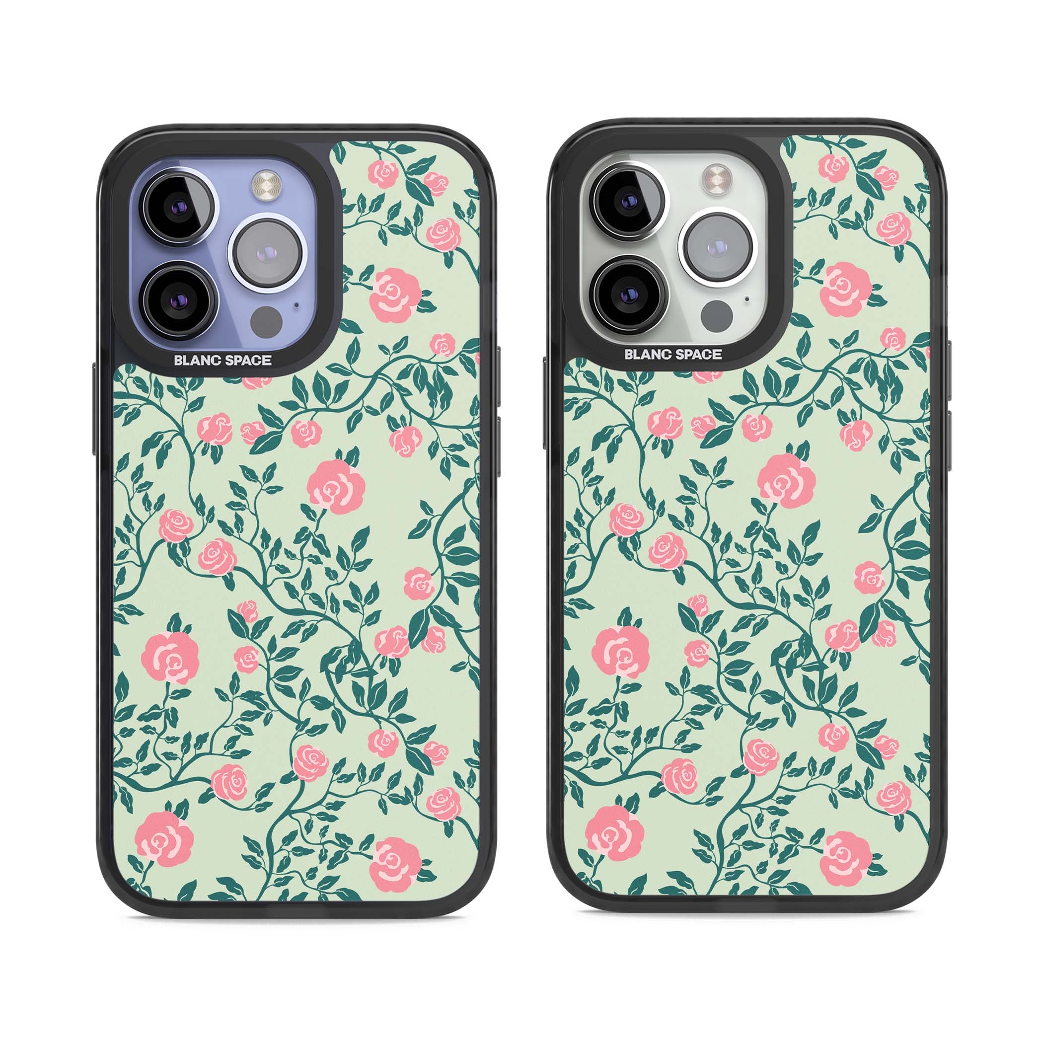 Rose Trellis cottagecore iPhone case featuring pink roses, sage green vines, and mint background | Black Impact Magsafe case for iPhone 13 Pro, iPhone 14 Pro, iPhone 15 Pro