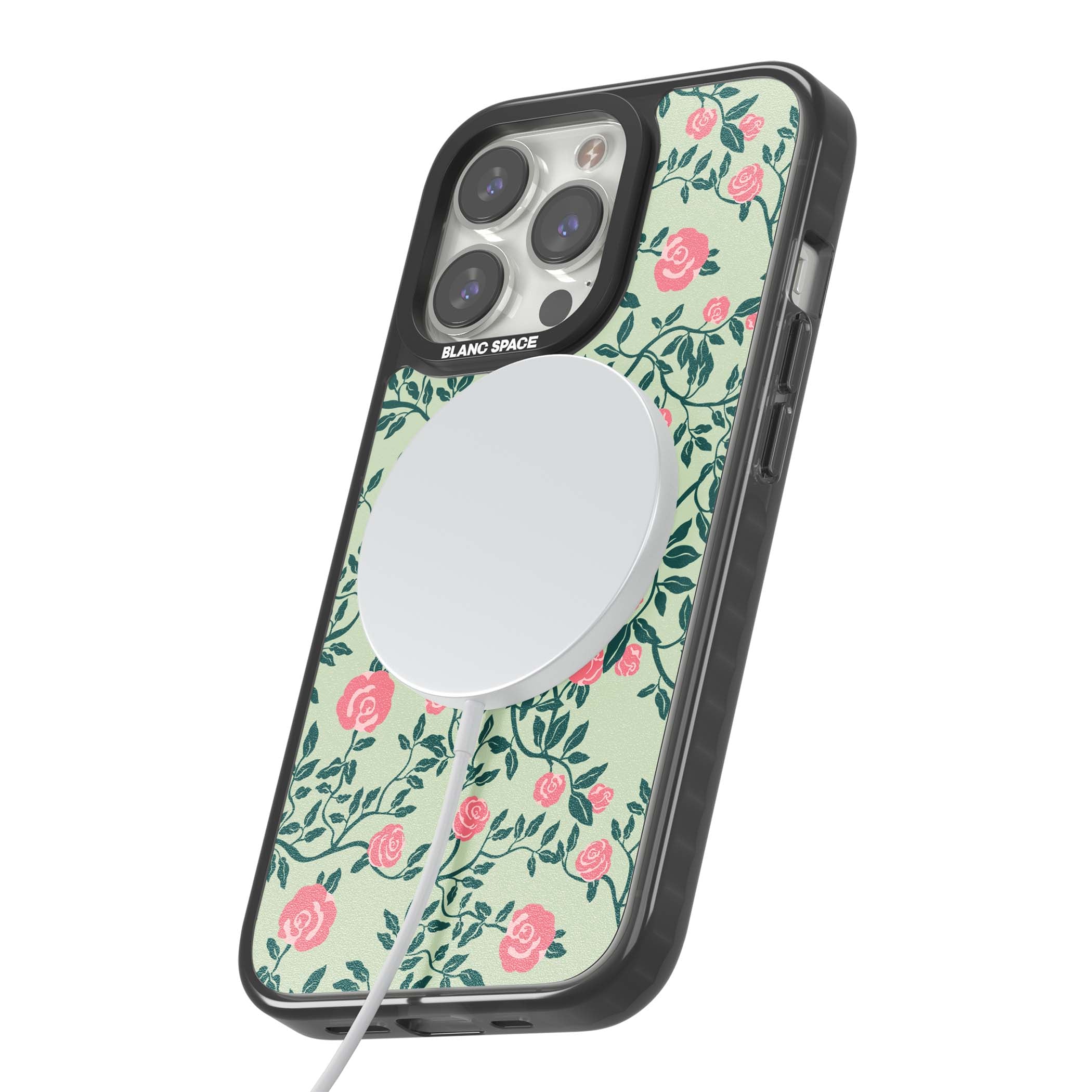 Rose Trellis cottagecore iPhone case featuring pink roses, sage green vines, and mint background | Black Impact Magsafe case for iPhone 13 Pro, iPhone 14 Pro, iPhone 15 Pro
