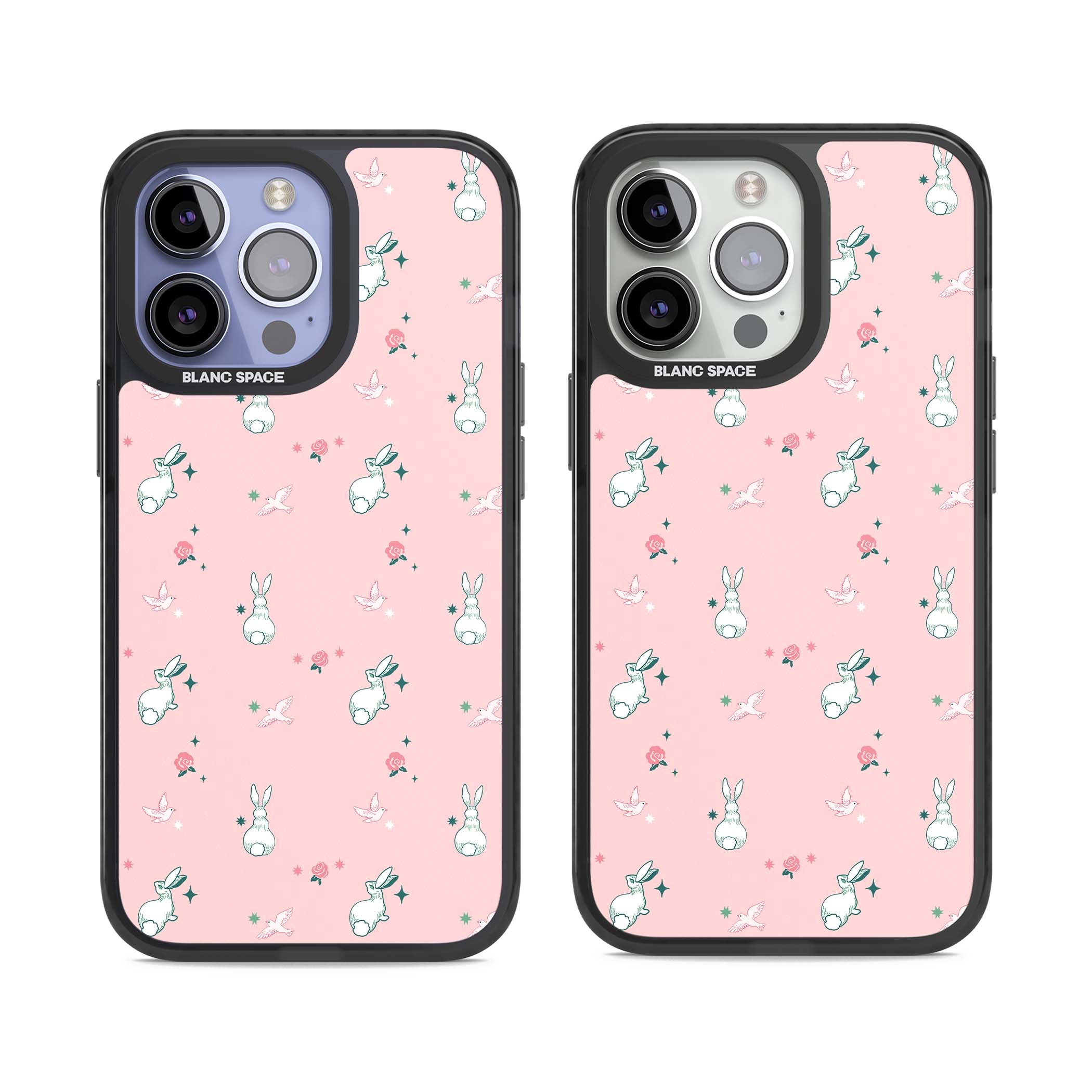 Bunny Garden kawaii iPhone case featuring white rabbits, pink roses, doves and stars on pink background | Black Impact Magsafe case for iPhone 13 Pro, iPhone 14 Pro, iPhone 15 Pro
