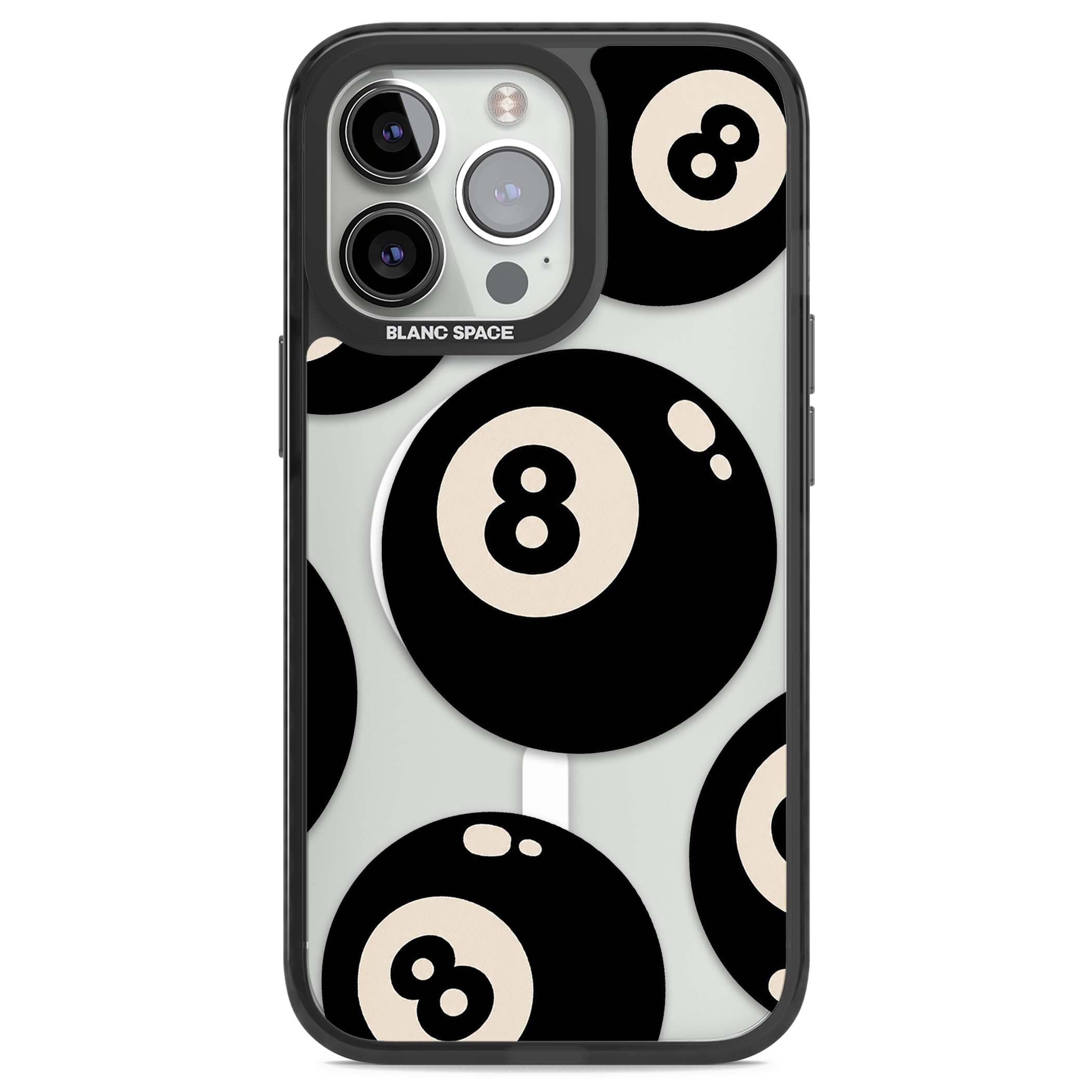 Eights y2k iPhone case featuring scattered black 8 balls with cream highlights on a clear background | Black Impact Magsafe case for iPhone 13 Pro, iPhone 14 Pro, iPhone 15 Pro