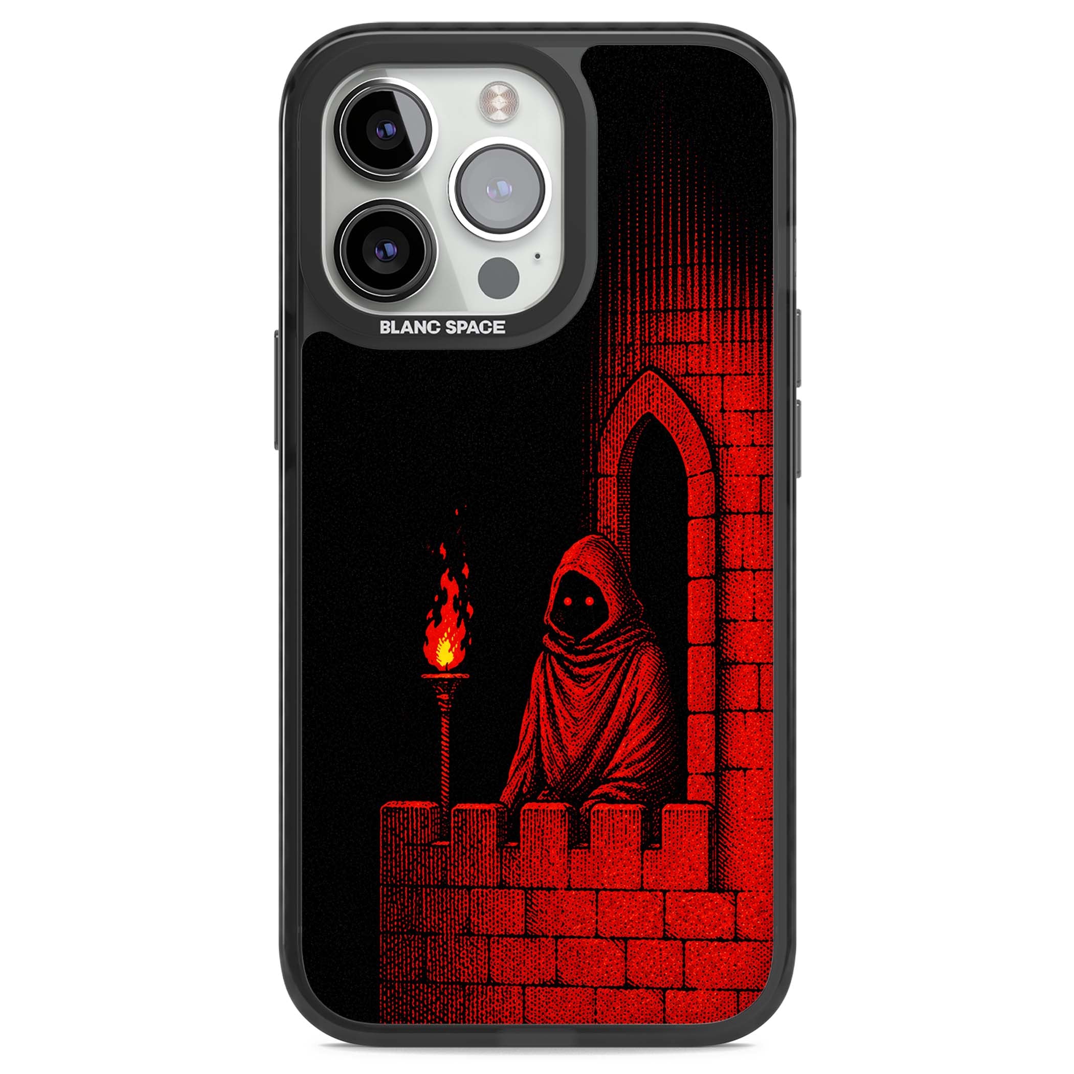 Crimson Crypt gothic iPhone case featuring a hooded reaper, torchlit crypt archway and red halftone horror art | Black Impact Magsafe case for iPhone 13 Pro, iPhone 14 Pro, iPhone 15 Pro