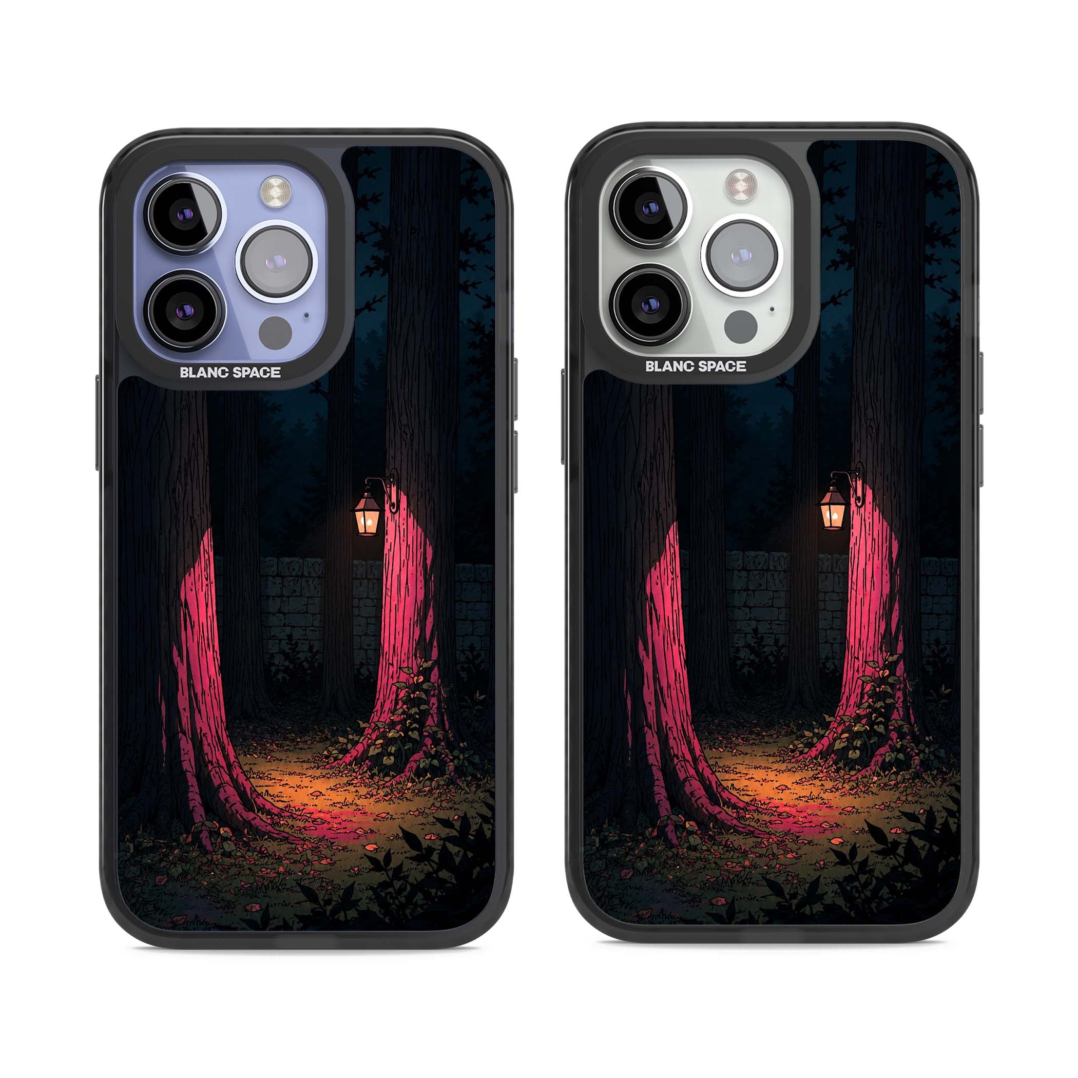 Forest Lantern dark academia iPhone case featuring a moonlit forest, glowing lantern, and stone wall pathway | Black Impact Magsafe case for iPhone 13 Pro, iPhone 14 Pro, iPhone 15 Pro