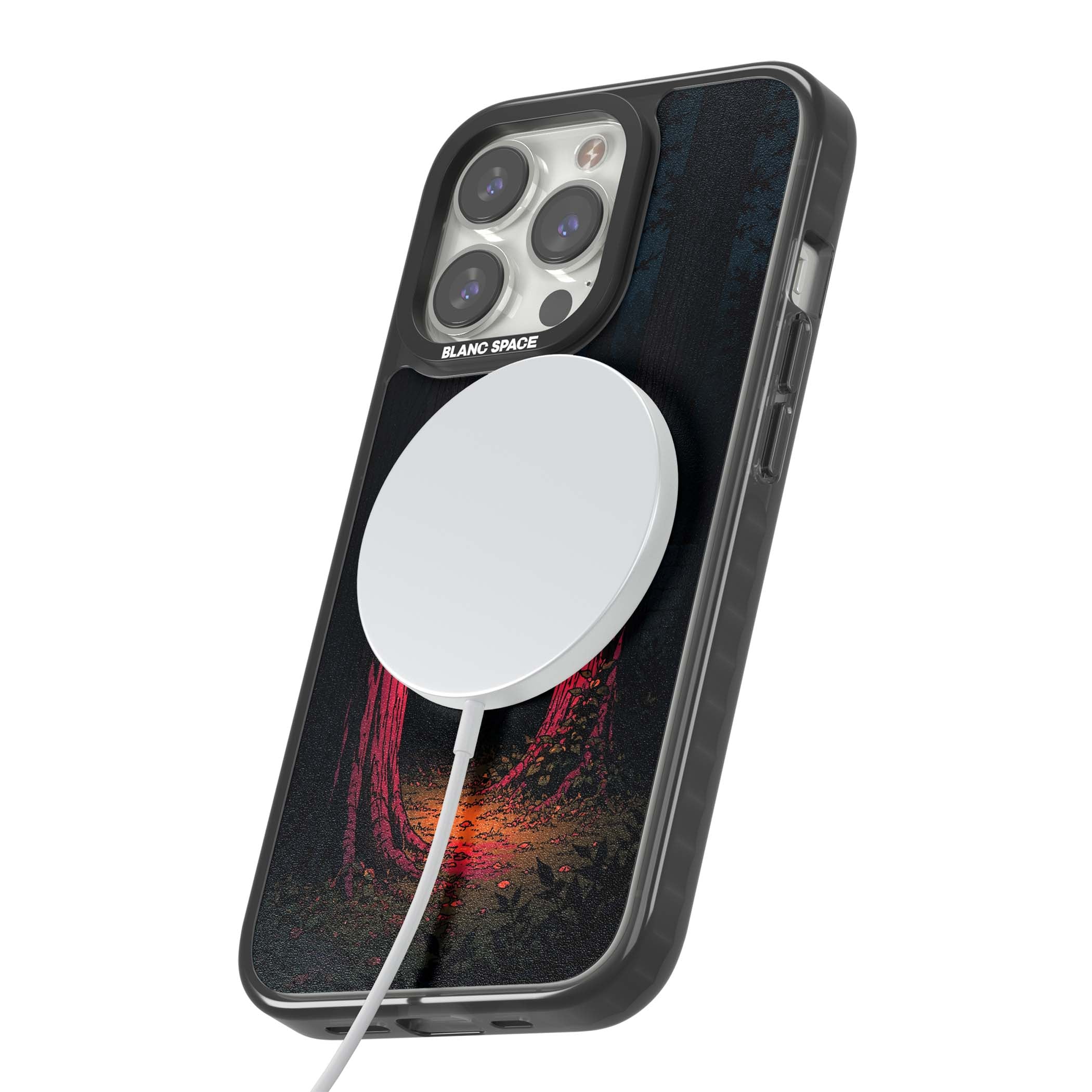 Forest Lantern dark academia iPhone case featuring a moonlit forest, glowing lantern, and stone wall pathway | Black Impact Magsafe case for iPhone 13 Pro, iPhone 14 Pro, iPhone 15 Pro