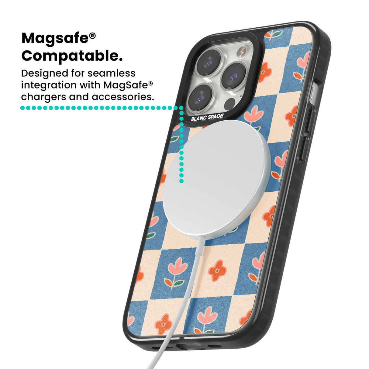 Vintage Bloom Checkered Magsafe Black Impact Phone Case for iPhone 13 Pro, iPhone 14 Pro, iPhone 15 Pro