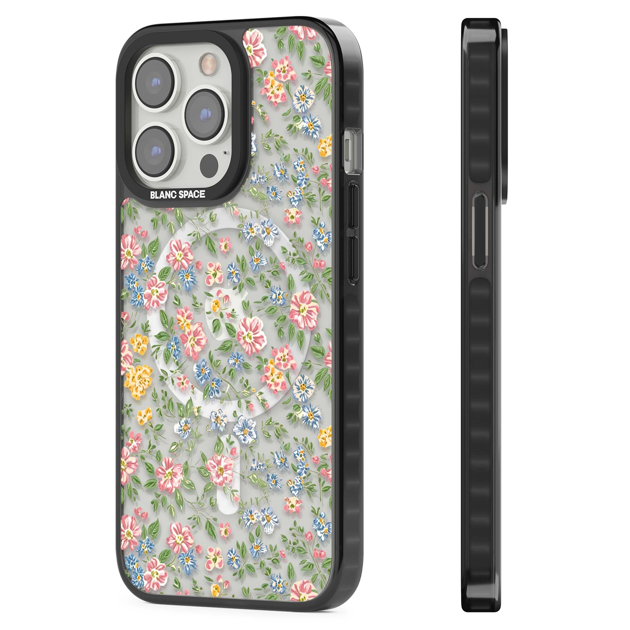 Soft Meadow cottagecore iPhone case featuring pink cosmos, blue forget-me-nots, yellow buttercups and green leaves sca | Black Impact Magsafe case for iPhone 13 Pro, iPhone 14 Pro, iPhone 15 Pro