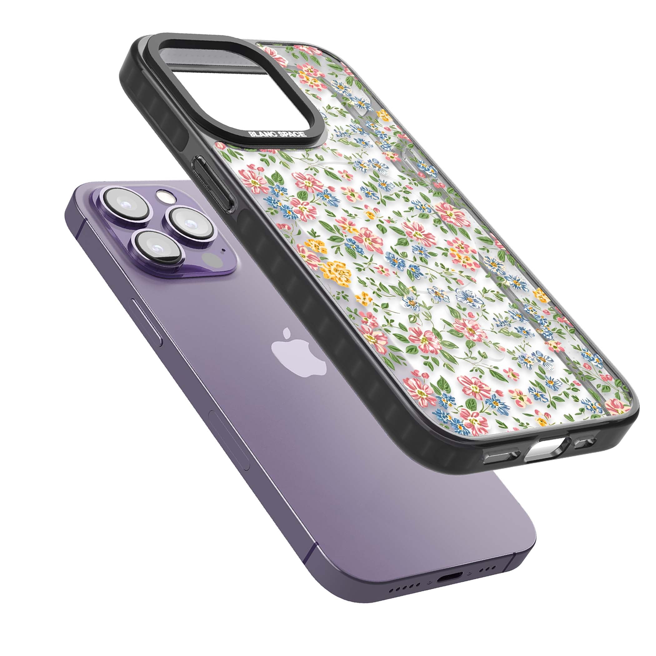 Soft Meadow cottagecore iPhone case featuring pink cosmos, blue forget-me-nots, yellow buttercups and green leaves sca | Black Impact Magsafe case for iPhone 13 Pro, iPhone 14 Pro, iPhone 15 Pro