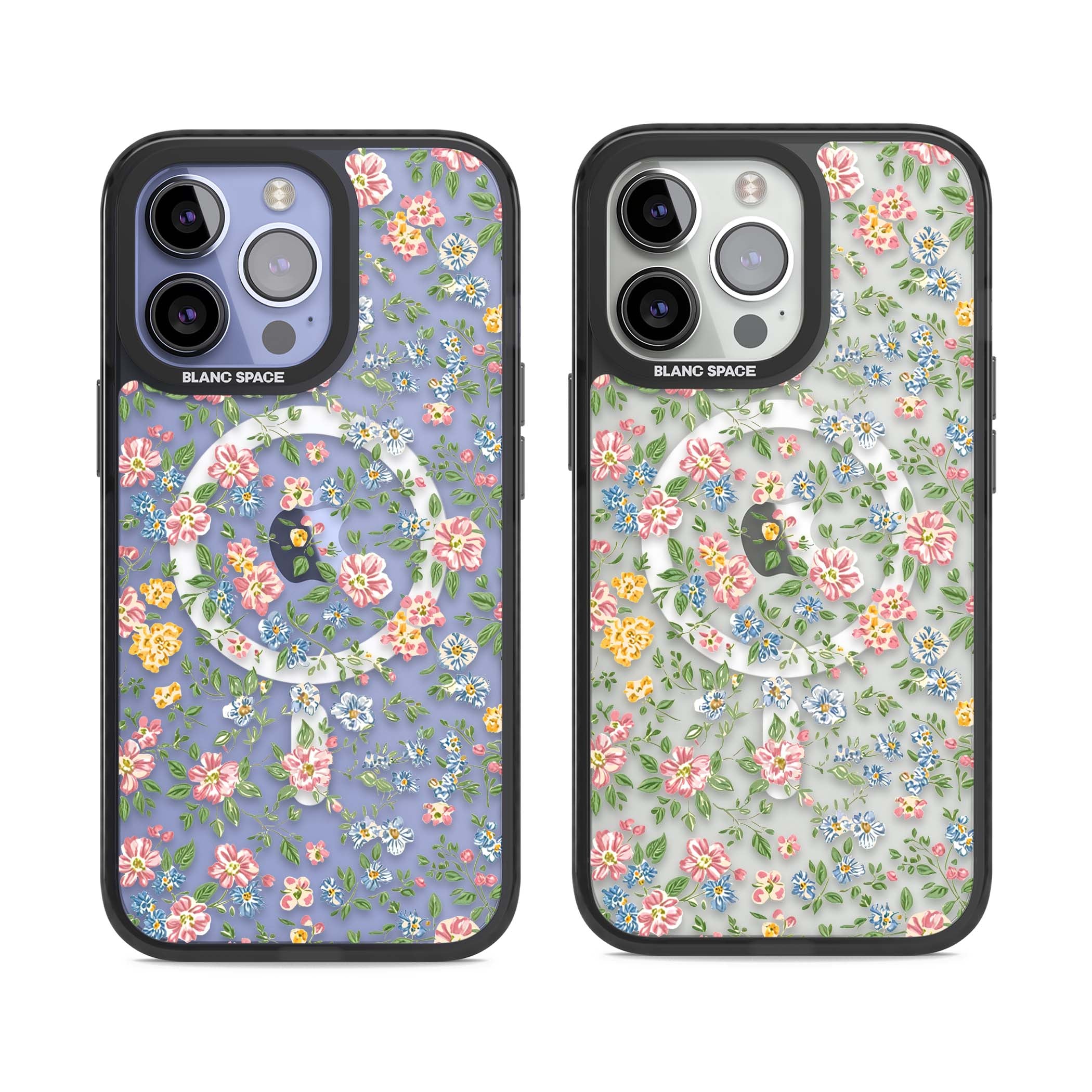 Soft Meadow cottagecore iPhone case featuring pink cosmos, blue forget-me-nots, yellow buttercups and green leaves sca | Black Impact Magsafe case for iPhone 13 Pro, iPhone 14 Pro, iPhone 15 Pro