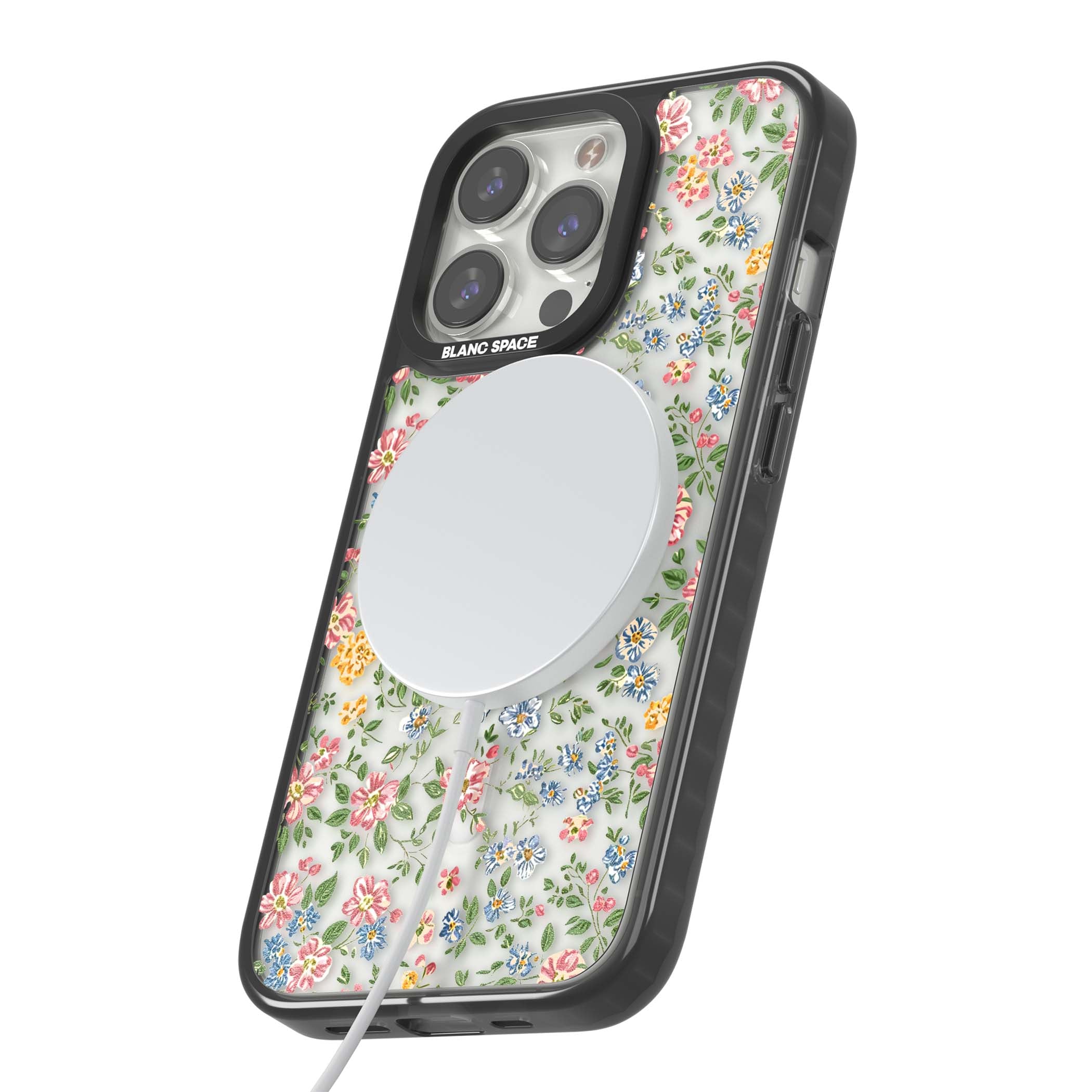 Soft Meadow cottagecore iPhone case featuring pink cosmos, blue forget-me-nots, yellow buttercups and green leaves sca | Black Impact Magsafe case for iPhone 13 Pro, iPhone 14 Pro, iPhone 15 Pro