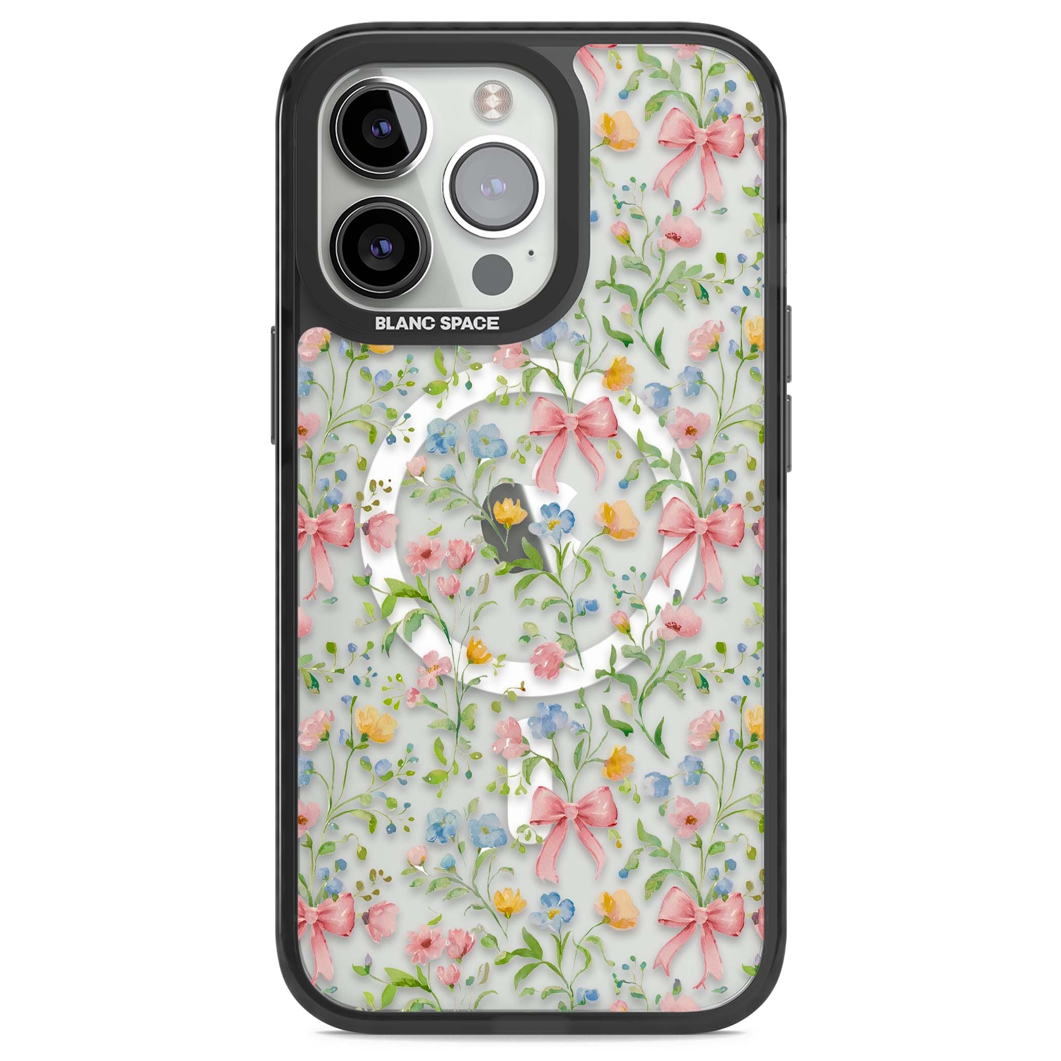 Ribbons & Wildflowers cottagecore iPhone case featuring watercolor wildflowers, pink satin bows, and delicate spring blooms o | Black Impact Magsafe case for iPhone 13 Pro, iPhone 14 Pro, iPhone 15 Pro