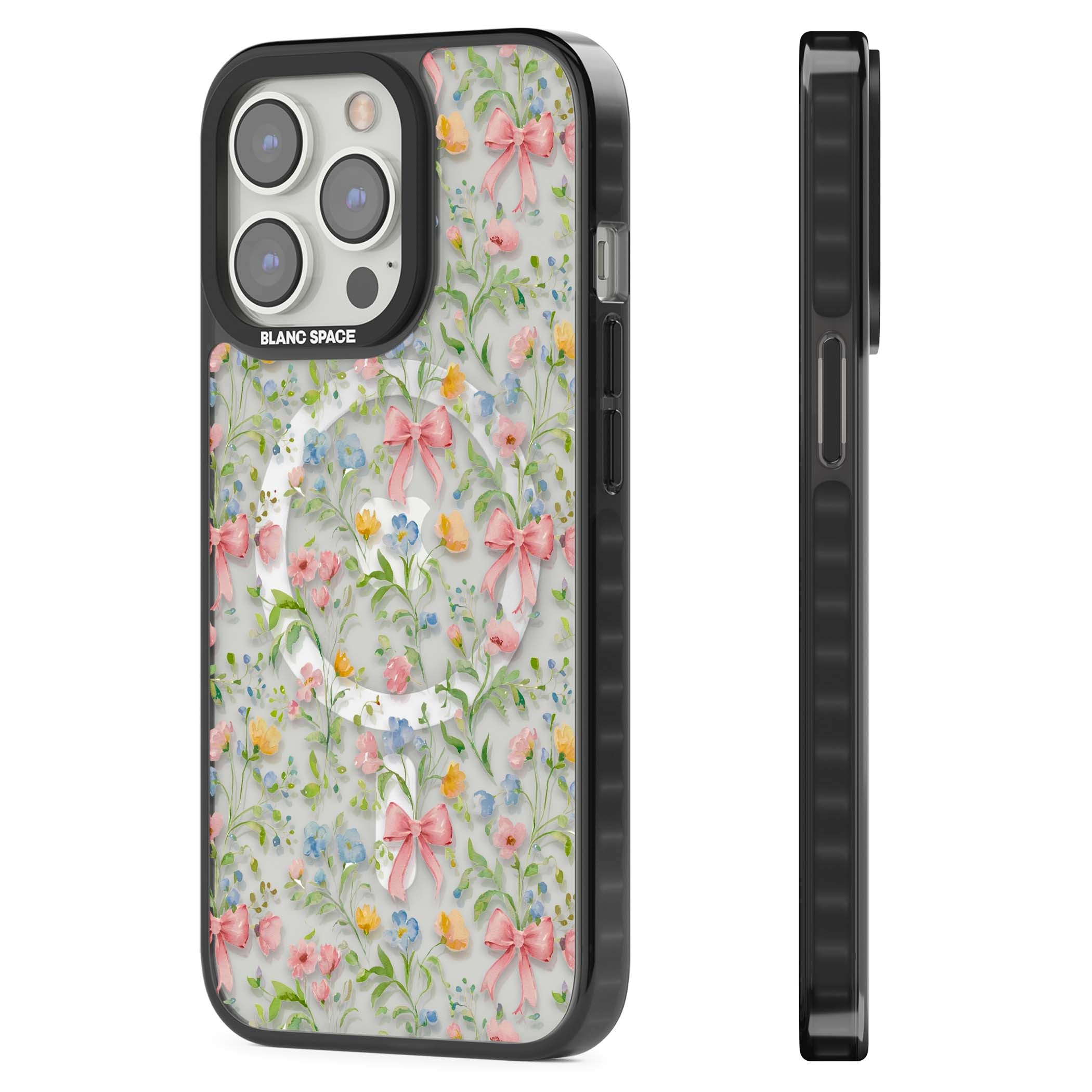 Ribbons & Wildflowers cottagecore iPhone case featuring watercolor wildflowers, pink satin bows, and delicate spring blooms o | Black Impact Magsafe case for iPhone 13 Pro, iPhone 14 Pro, iPhone 15 Pro