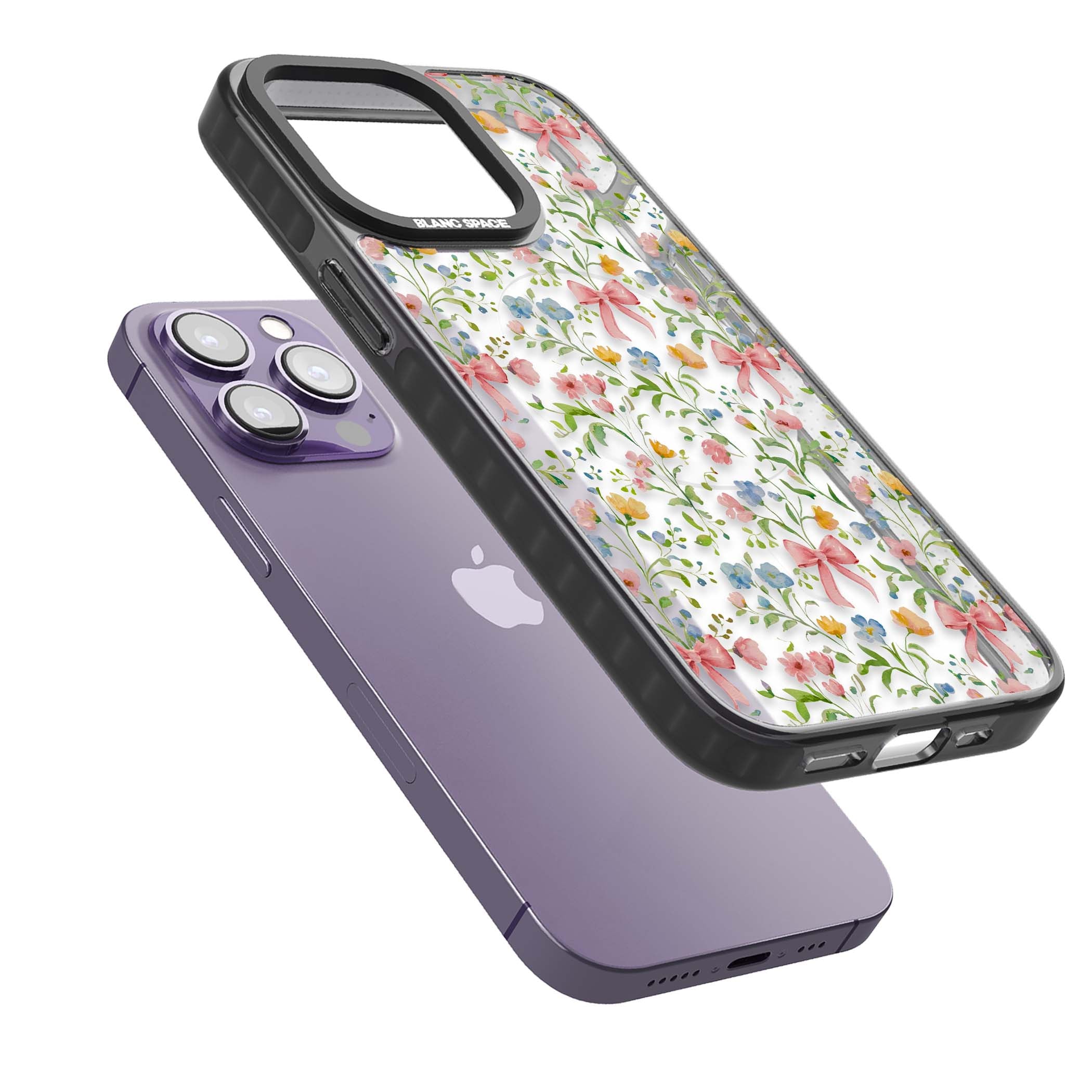 Ribbons & Wildflowers cottagecore iPhone case featuring watercolor wildflowers, pink satin bows, and delicate spring blooms o | Black Impact Magsafe case for iPhone 13 Pro, iPhone 14 Pro, iPhone 15 Pro