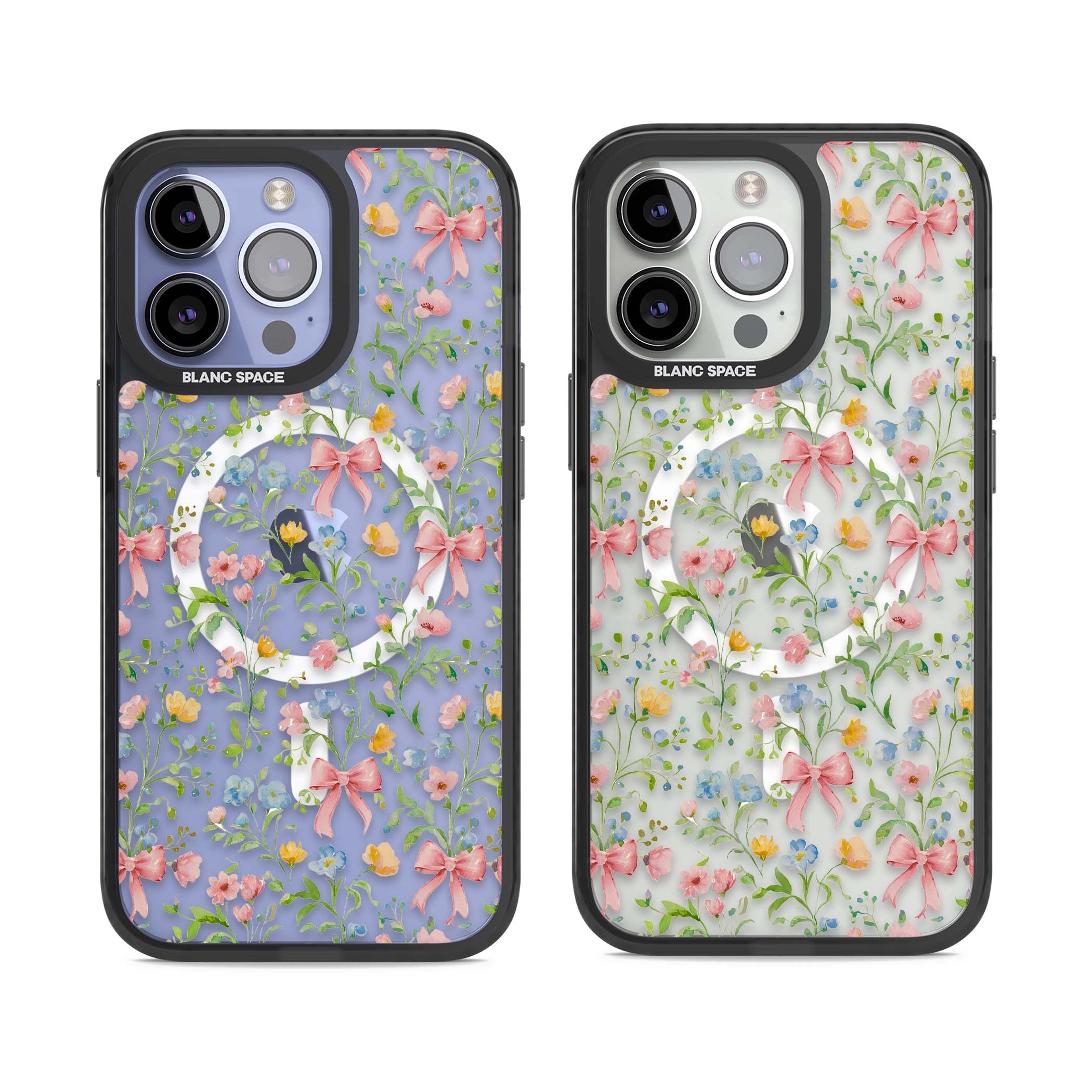 Ribbons & Wildflowers cottagecore iPhone case featuring watercolor wildflowers, pink satin bows, and delicate spring blooms o | Black Impact Magsafe case for iPhone 13 Pro, iPhone 14 Pro, iPhone 15 Pro